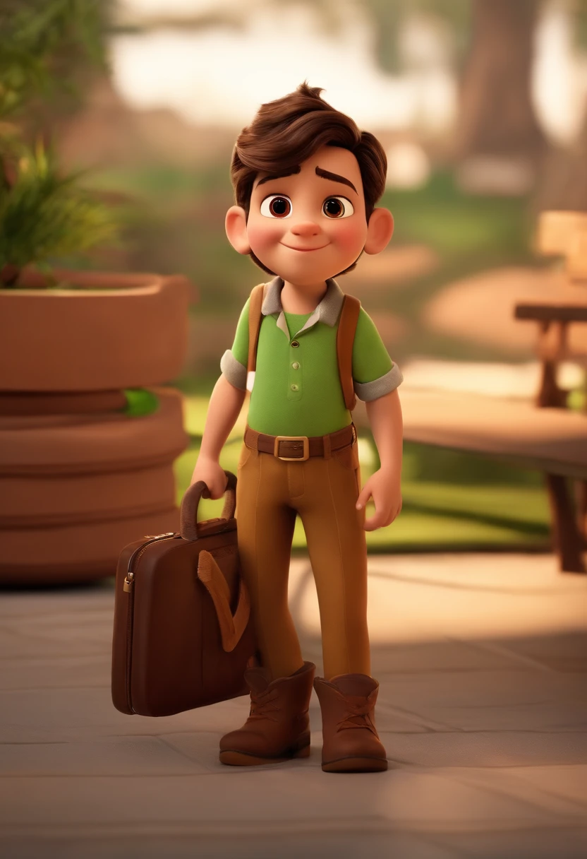 um menino, 9 anos, cabelo curto, castanho, olhos castanhos, nariz pequeno,  goodlooking, feliz, com uma camisa branca com gola, Beige pants with pockets on the sides and dark brown boots, estilo disney/pixar, 3d, em uma imagem ampla de uma grafica, moderna iluminadas, cores verdes e cinzas, com impressoras grandes de impressao digital, uma mesa de trabalho com laptop (8k), (disney/pixar), (3d)