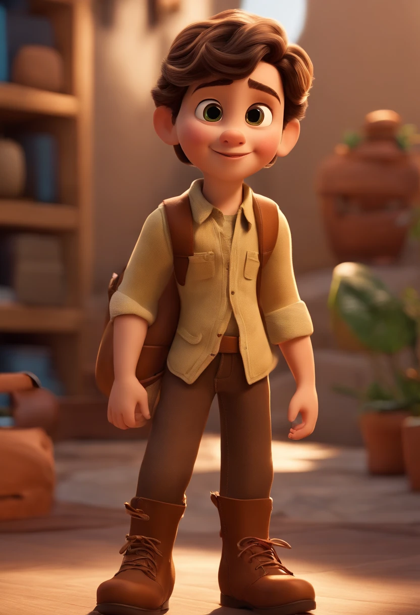 um , 9 anos, cabelo curto, castanho, olhos castanhos, nariz pequeno, goodlooking, feliz, com uma camisa branca com gola, Beige pants with pockets on the sides and dark brown boots, estilo disney/pixar, 3d, em uma imagem ampla de uma grafica, moderna iluminadas, cores verdes e cinzas, com impressoras grandes de impressao digital, uma mesa de trabalho com laptop (8k), (disney/pixar), (3d)