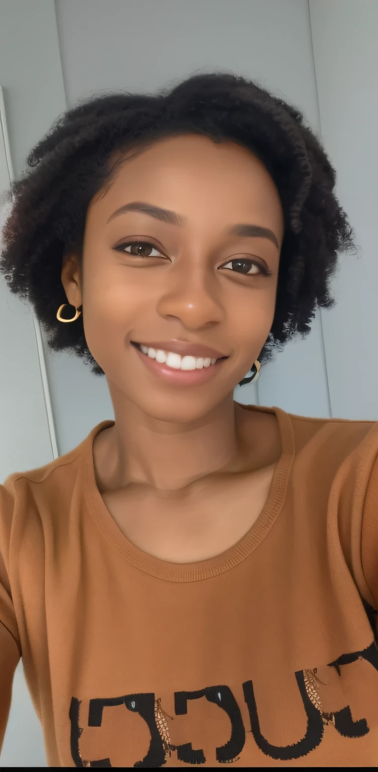 um close up de uma mulher com uma camisa marrom e um saco verde, foto de perfil headshot, selfie de uma jovem mulher, com pele parda, retrato de alta qualidade, jovem mulher negra, taken in the early 2020s, sorriso caloroso e gentil, com afro, cabelo encaracolado curto escuro sorrindo, foto do perfil, frouxamente cortado, foto da mulher jovem