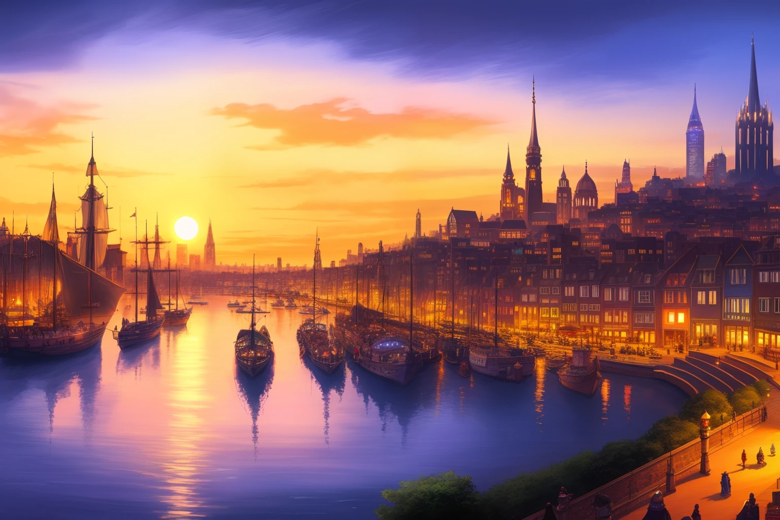 Fantasy. RPG. Dungeons & Dragons. Baldur's Gate skyline, bustling harbor, towering spires, ominous shadows, bustling marketplace, diverse array of characters, iconic architecture, signature landmarks, sun setting over the city, rich and vibrant colors, intricate cityscape details, 4K resolution.
