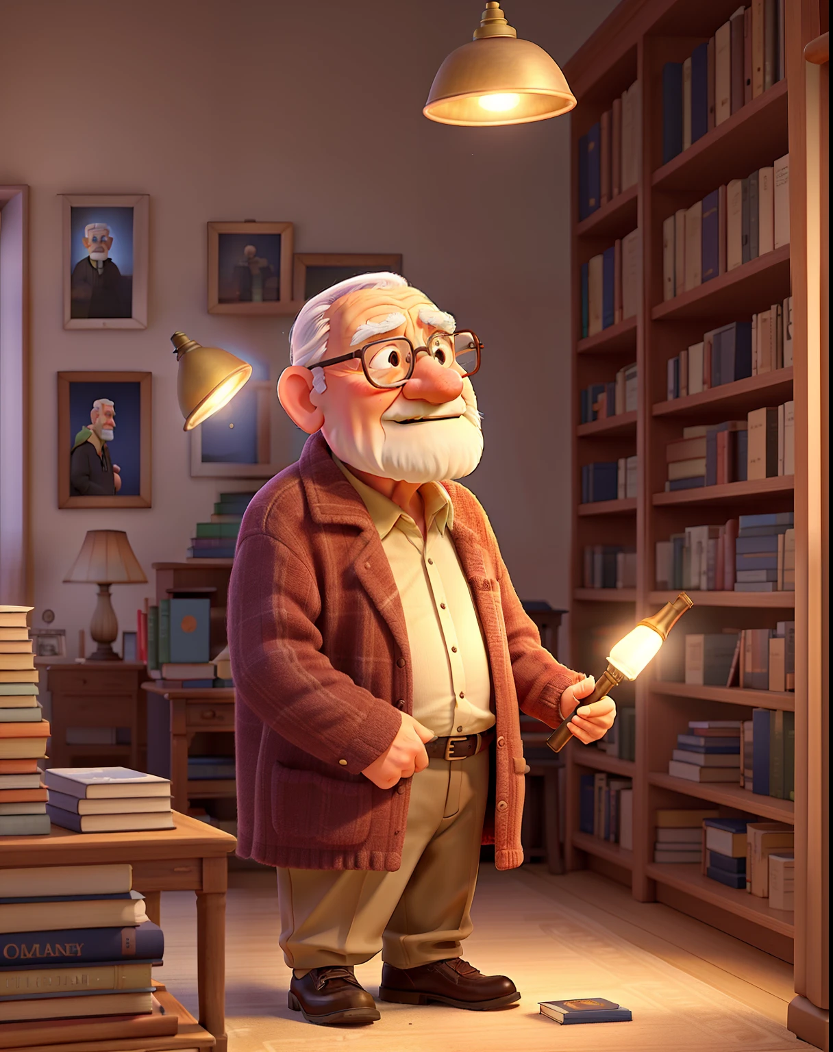 A wise old man standing in front, illuminated by the light of a lamp, against the backdrop of a library