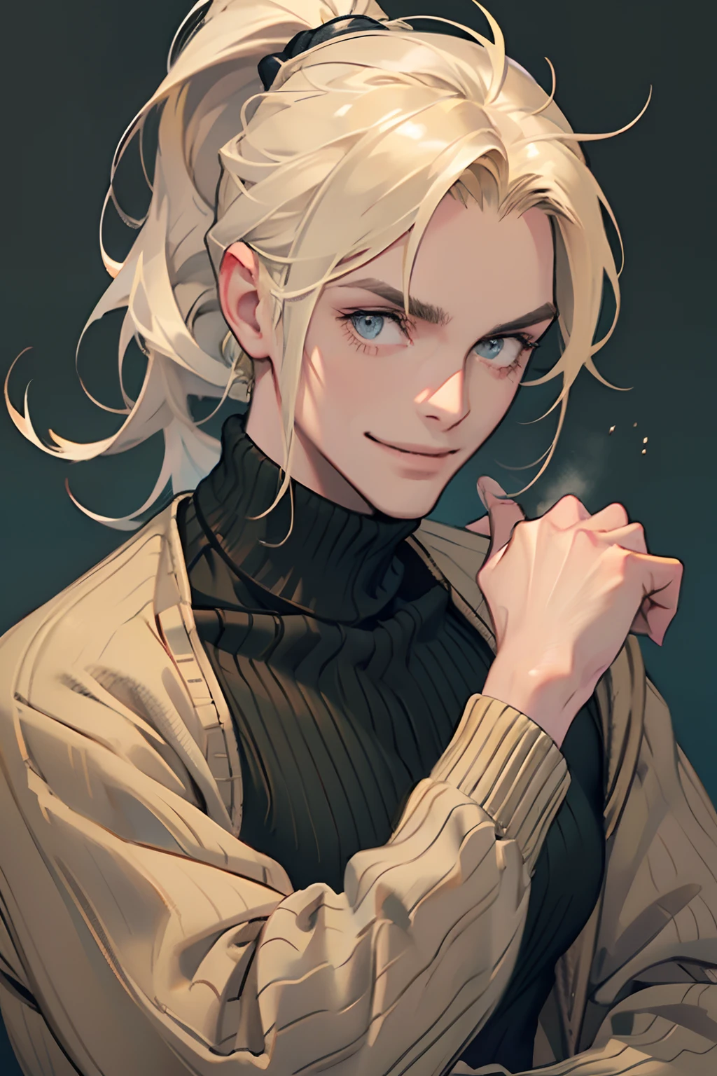 ember, Guy, slim physique, ah high, A young, longue blonde hair, hair in a ponytail, gray eyes, higly detailed, Gloomy, Russian, Senior, wrinkles, Without bristles, ssmile, Green sweater, loose sweater, Without Collar, no jacket, A big smile