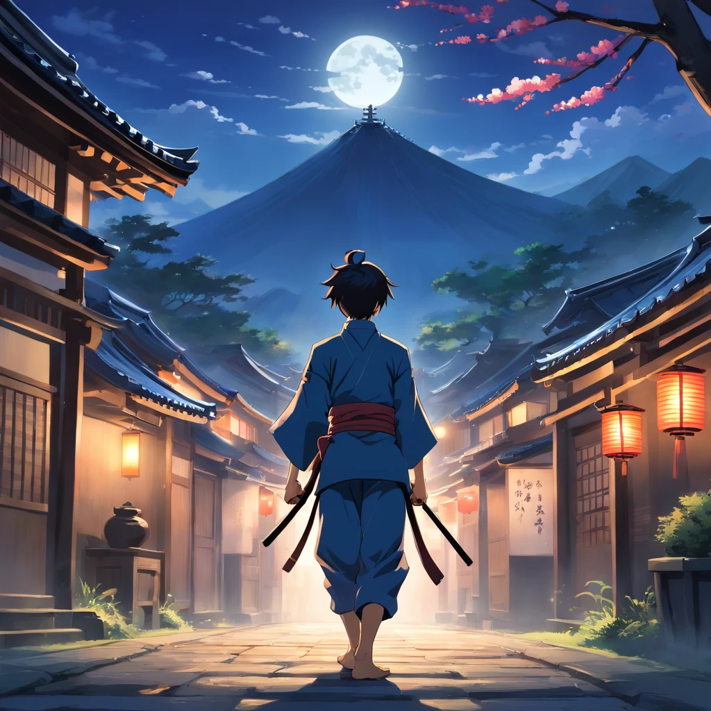 Generate a highly detailed and hyper-realistic 32k resolution AI artwork depicting a brave ninja boy engaged in a fierce battle with a shadowy figure to protect his village in a captivating anime style. The ninja boy should be shown in a dynamic and heroic pose, displaying incredible martial arts skills. His attire should feature intricate details, reflecting his ninja heritage and showcasing the village's emblem. The shadowy figure should exude an aura of mystery and darkness, contrasting with the vibrant, moonlit village backdrop. The setting should be a picturesque, traditional Japanese village under the moonlight, with meticulously designed buildings, gardens, and cherry blossom trees. The lighting should emphasize the tension and drama of the battle, highlighting the characters' expressions and the elements of the scene. Please focus on creating a rich and compelling narrative, with an emphasis on the boy's determination and valor as he defends his village from the shadowy threat.
