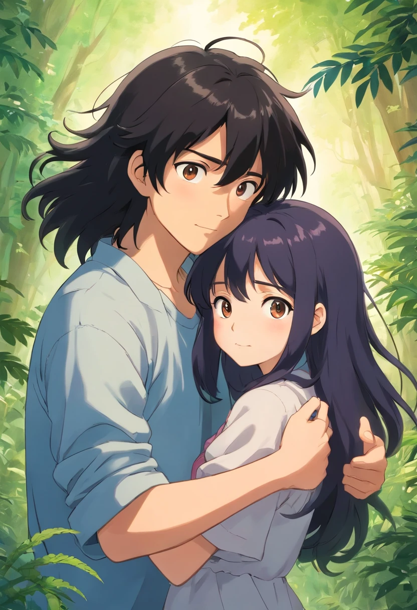 In thai novel art style A couple safic of Two young adult South Korean women with height differences. The oldest in her twenty-eight with her black hair and shorter height and the youngest with her twenty-four years being more than his girlfriend. Embraced on the shore between sand and sea, they smile like a couple in love while the orange sunset sun illuminates their faces, which are enveloped by the beige colors of the sunset.