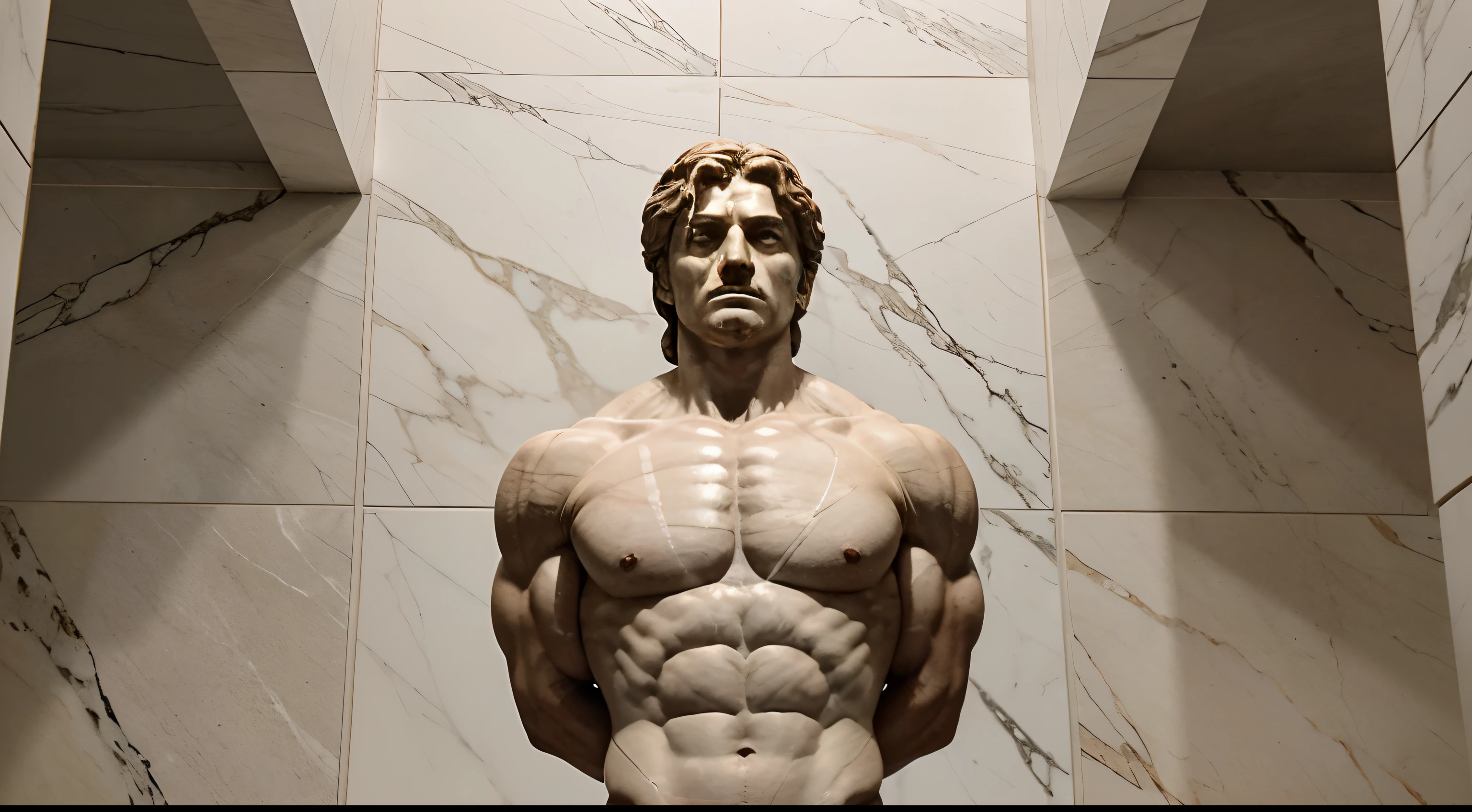 "Create a scene of a Stoic philosopher in marble, with his muscular physique, extiende la mano para ayudar a un necesitado. The image should reflect the Stoic idea of empathy in action."