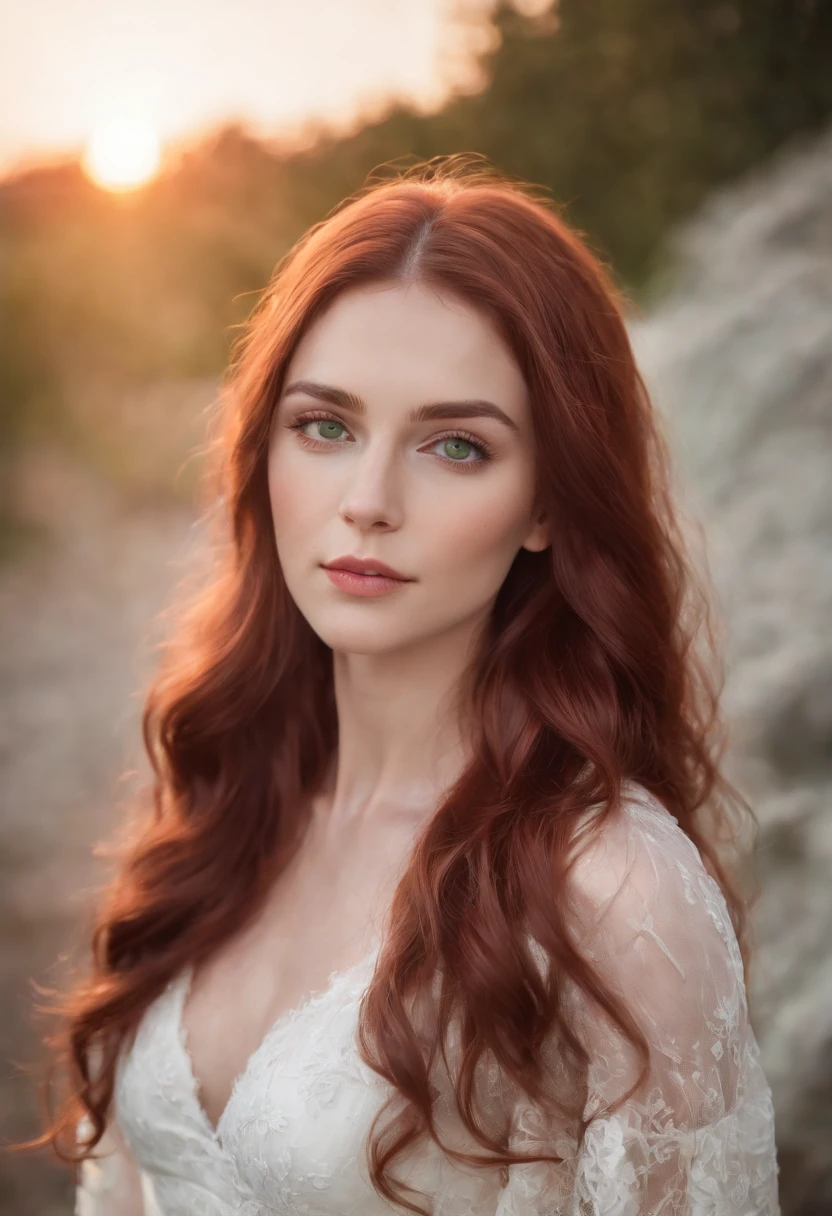 young woman, beautiful face, long wavy hair, deep red hair color, bright green eyes, white skin, sunset background, blurred background, photorealism, white dress, determined look.