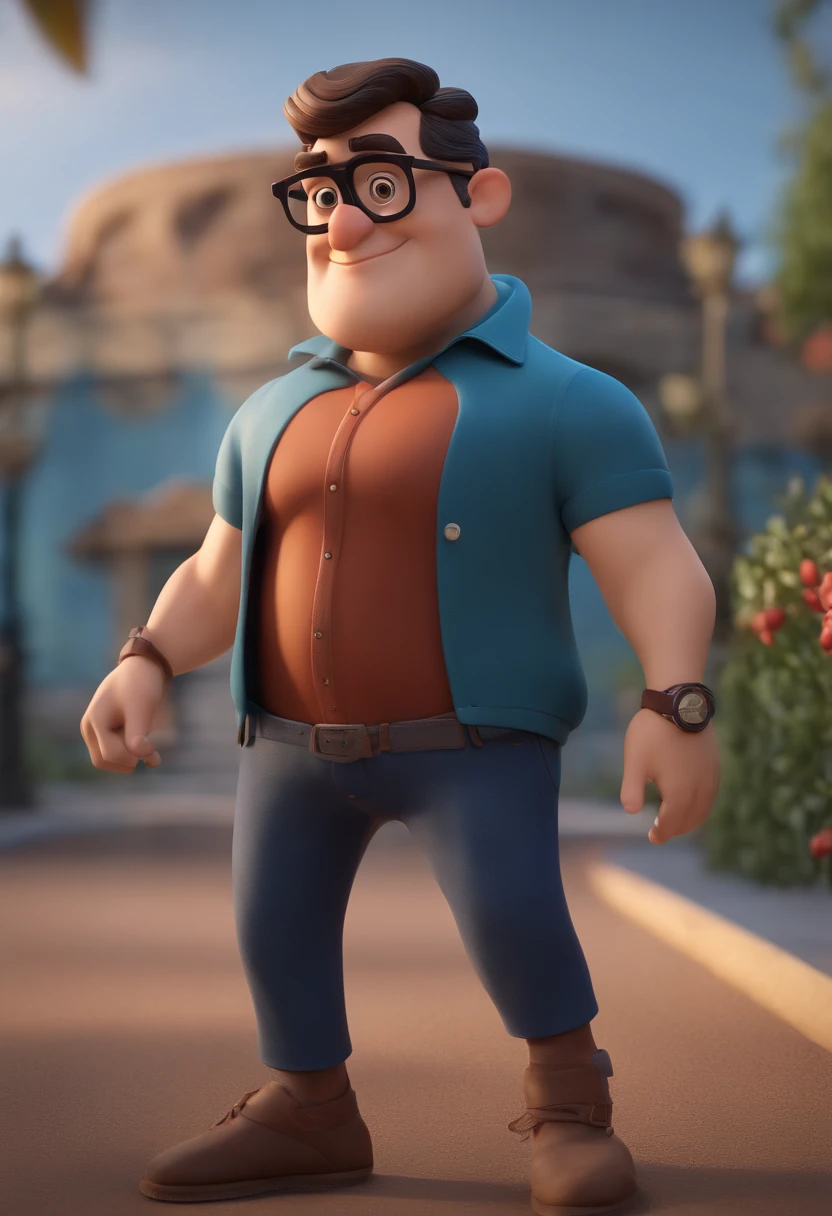 Cartoon character of a man wearing black glasses and a blue shirt, um personagem animado, Caractere estilizado, animation style rendering, 3D estilizado, Arnold Maya render, 3 d render stylized, toon render keyshot, Personagem 3D, Personagem 3D, 3d rendering stylized, 3 d character render, personagem de desenho animado, Personagem de close up, Pose de personagem, (Estilo Pixar) (master part:1.2) (Bokeh) (best quality) (pele detalhada) (textura detalhada) (8k) (argila) (Cinematic lighting) (foco nítido,Senta e vaza a parte superior do corpo