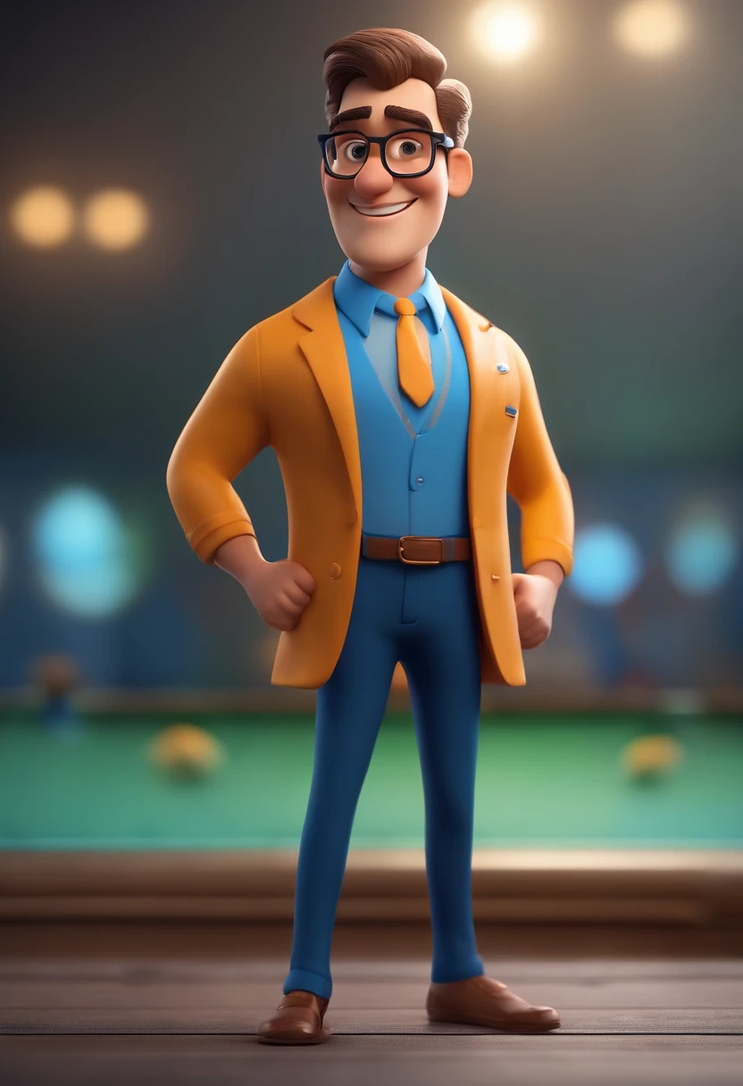 Cartoon character of a man wearing black glasses and a blue shirt, um personagem animado, Caractere estilizado, animation style rendering, 3D estilizado, Arnold Maya render, 3 d render stylized, toon render keyshot, Personagem 3D, Personagem 3D, 3d rendering stylized, 3 d character render, personagem de desenho animado, Personagem de close up, Pose de personagem, (Estilo Pixar) (master part:1.2) (Bokeh) (best quality) (pele detalhada) (textura detalhada) (8k) (argila) (Cinematic lighting) (foco nítido,Senta e vaza a parte superior do corpo