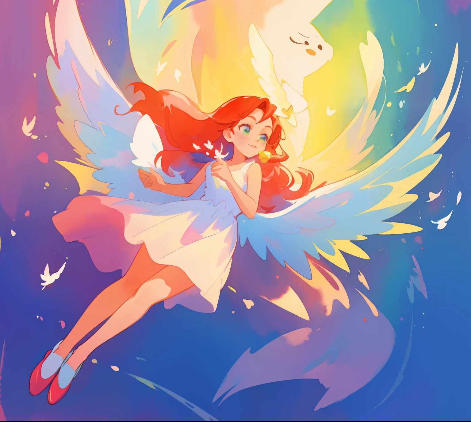 beautiful angel girl in white flowing dress, colorful angel wings, vibrant pastel colors, long flowing brown red hair, colorful fantasia background, watercolor illustration, disney art style, beautiful digital illustration, beautiful, masterpiece, best quality, anime disney style, beautiful face