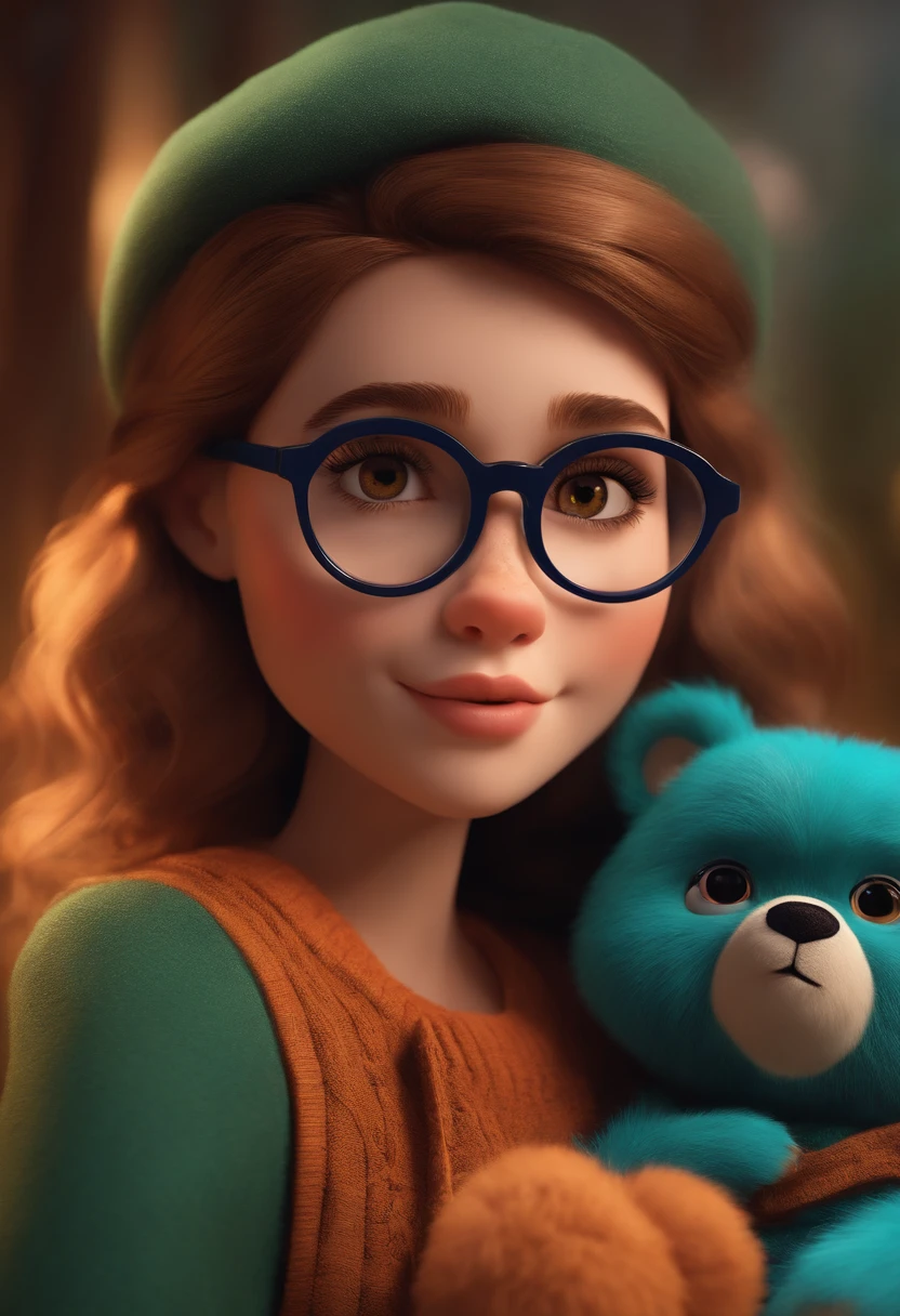  estilo desenho animado, Pixar, wearing round glasses, segurando um urso de pelucia, roupa de escoteiro,