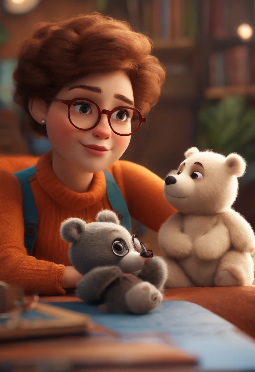 Menina estilo desenho animado, Pixar, wearing round glasses, segurando um urso de pelucia, roupa de escoteiro,