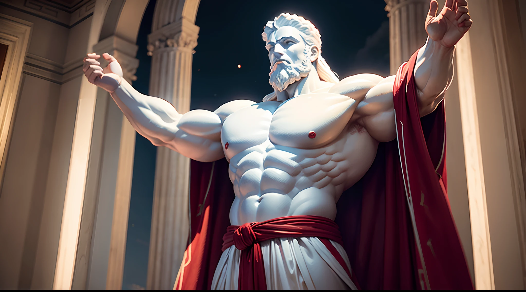 White Greek Statue of a Strong Man, Wearing a Red Robe, the Atmosphere is at Night