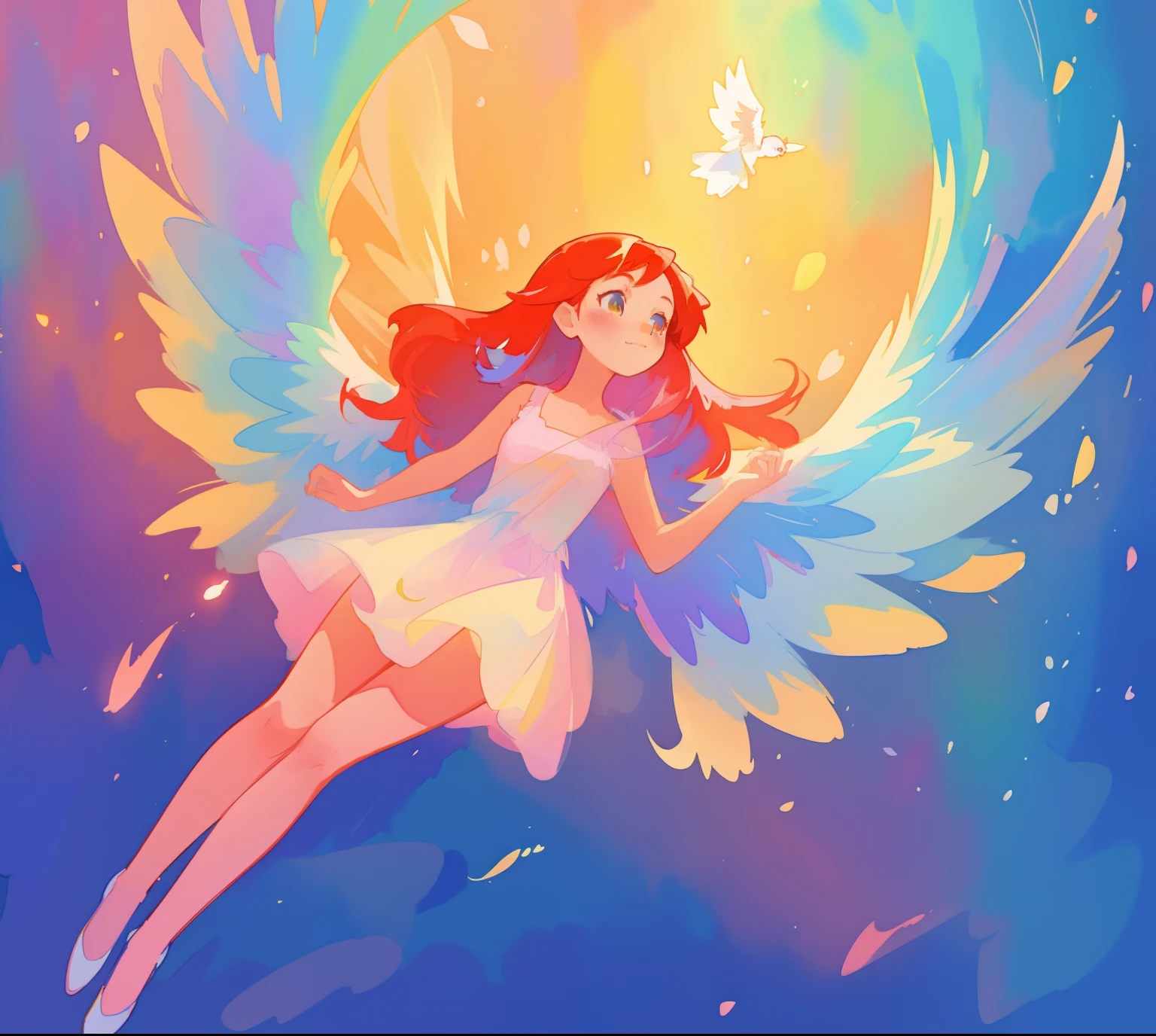 beautiful angel girl in white flowing dress, colorful angel wings, vibrant pastel colors, long flowing brown red hair, colorful fantasia background, watercolor illustration, disney art style, beautiful digital illustration, beautiful, masterpiece, best quality, anime disney style, beautiful face