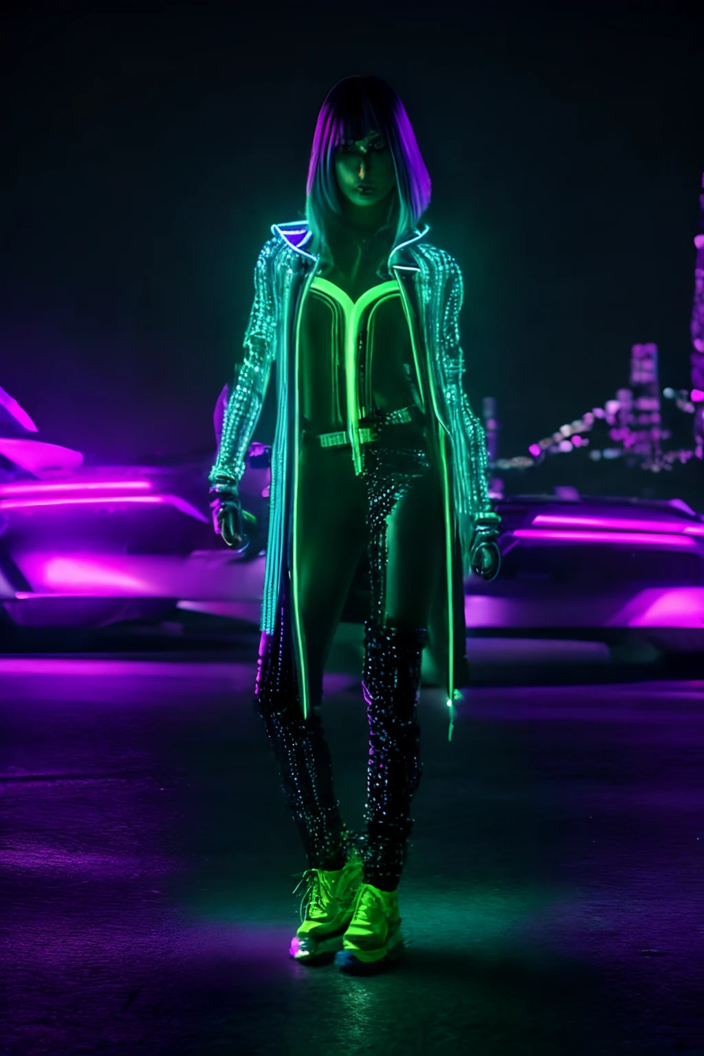 Futuristic neon cyberpunk, Full body portrait, Woman in dynamic pose, Vibrant neon lights, Glowing cityscape, Luminescent atmosphere, Intricate cybernetic enhancements, Shimmering holographic clothing, Reflective surfaces, Futuristic elements, Energetic and edgy, Digital art, Striking color contrast, Futuristic fashion, Techno-chic, Captivating and immersive.