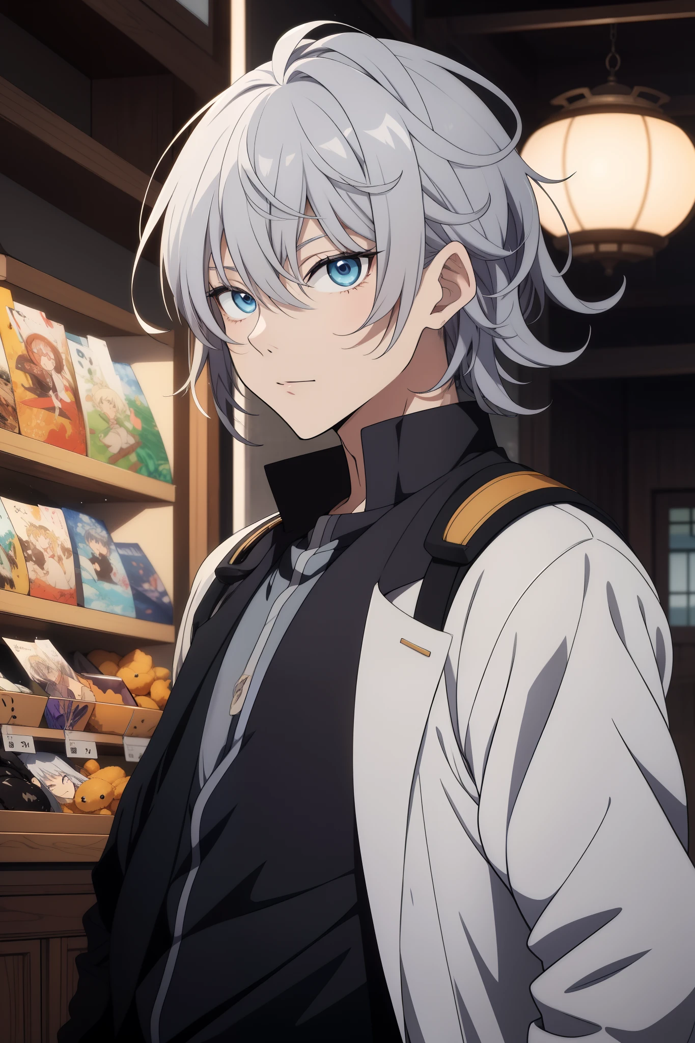 Close-up of a white-haired person with a sword, Nugget Komeda, Inspired by Okumura Togyō, Has dark gray hair, Silver Hair Craze, tall anime guy with blue eyes, Inspired by Okumura Masanobu, Anime Youth, male anime character, Nagito Komeda from Danjanrunpa