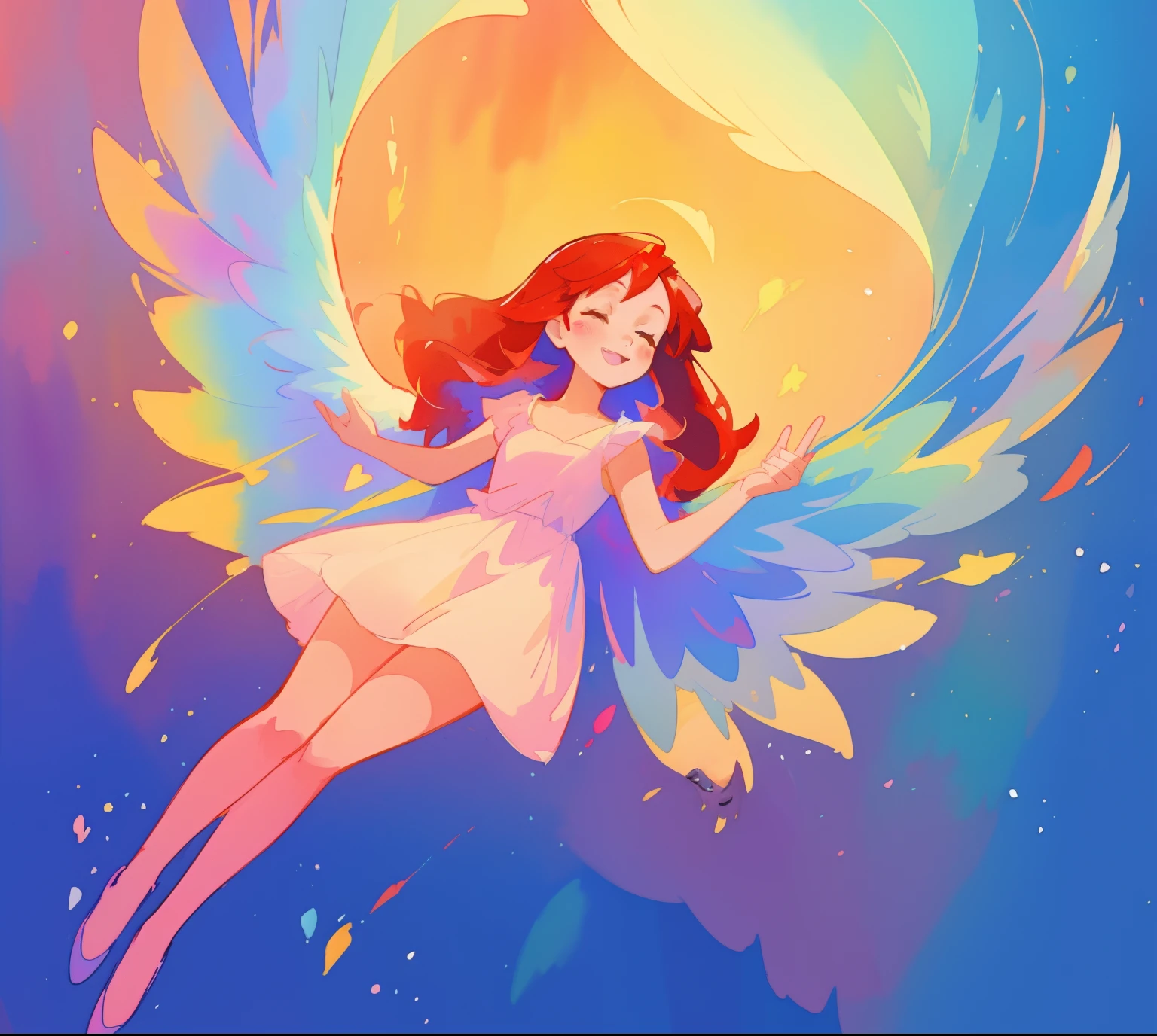 beautiful angel girl in white flowing dress, colorful angel wings, vibrant pastel colors, long flowing brown red hair, colorful fantasia background, watercolor illustration, disney art style, beautiful digital illustration, beautiful, masterpiece, best quality, anime disney style, beautiful face