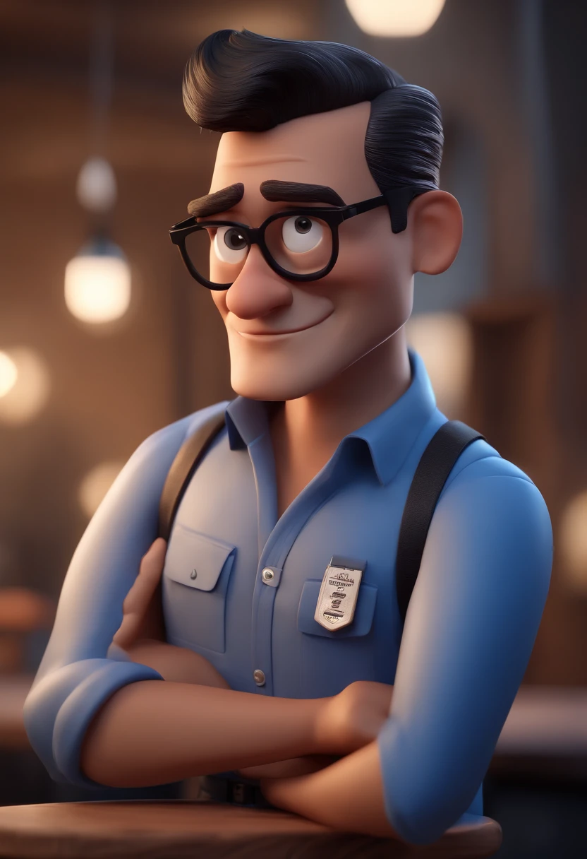 Cartoon character of a man with black glasses and a blue shirt, animation character, Caractere estilizado, animation style rendering, 3D estilizado, Arnold Maya render, 3 d render stylized, toon render keyshot, Personagem 3D, Personagem 3D, 3d rendering stylized, 3 d character render, personagem de desenho animado, Personagem de close up, Pose de personagem, (Estilo Pixar) (master part:1.2) (Bokeh) (best quality) (pele detalhada) (textura detalhada) (8k) (argila) (Cinematic lighting) (foco nítido