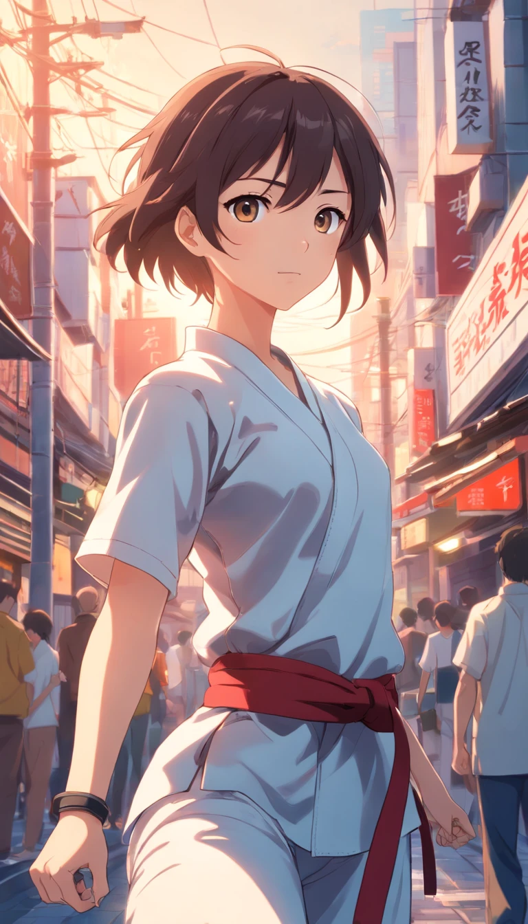 Anime jovem mulher, wearing white karate costume, cabelo preto com pontas vermelhas, energia focada, Lutador de rua, Random karate pose, (detalhes intrincados), HDR, (detalhes intrincados, super fino: 1.2), filmagem de cinema, Centrado,