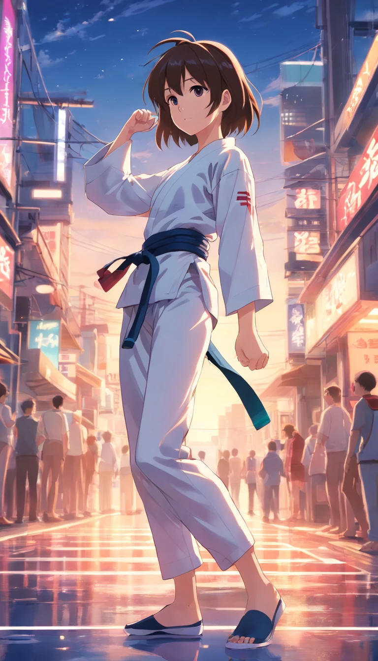 Anime jovem mulher, wearing white karate costume, cabelo preto com pontas vermelhas, energia focada, Lutador de rua, Random karate pose, (detalhes intrincados), HDR, (detalhes intrincados, super fino: 1.2), filmagem de cinema, Centrado,