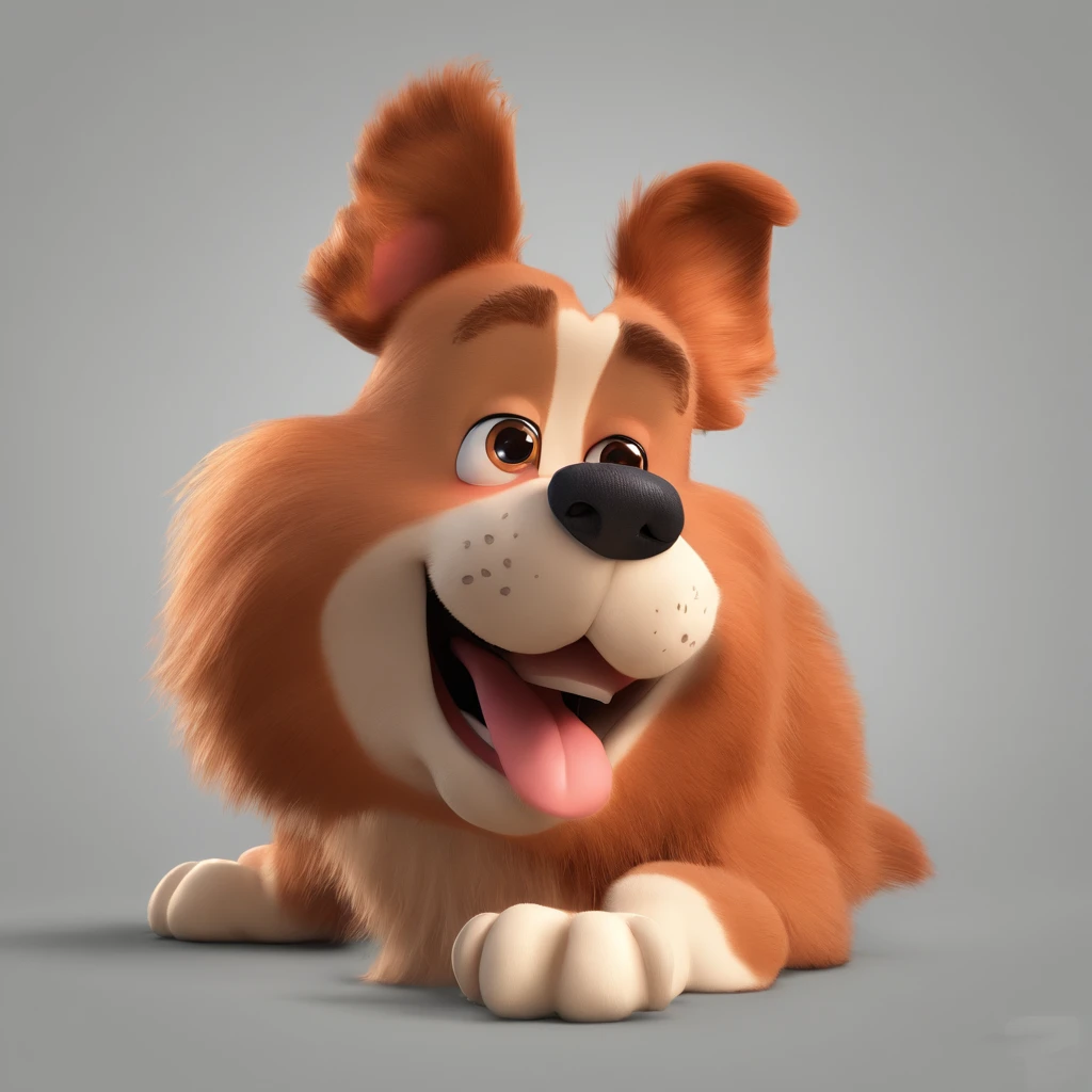create a 3D movie poster inspired by Disney Pixar, The scene should be in Pixar's signature digital art style, com uma imagem caricatural de uma mulher, com cabelo loiro escuro, sorriso largo, com um cachorro yorkshire claro