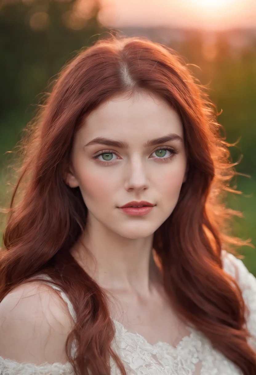 young woman, beautiful face, long wavy hair, deep red hair color, bright green eyes, white skin, sunset background, blurred background, photorealism, white dress, determined expression.