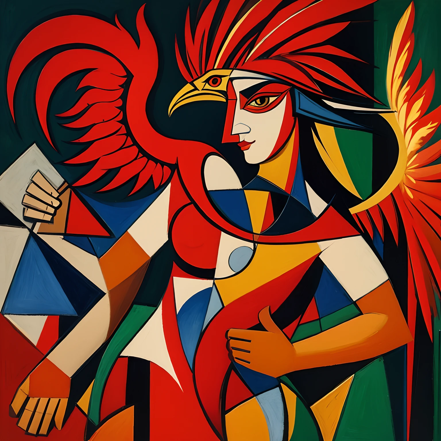 man, cubism paint, red, picasso, fire phoenix, red feathers