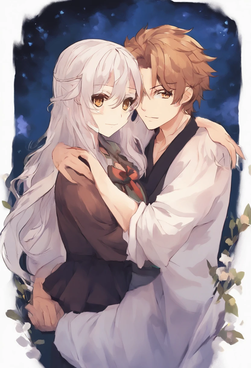 ((Cute anime couple hugging)) ((garota cabelo grande escuro olhos escuros)) ((garoto cabelos escuros curto olhos escuros forte))