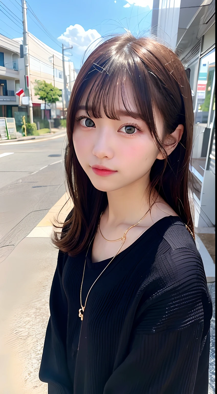 8K raw photos、hight resolution、abdominals、ribbed、A dark-haired、Beautiful Japan at 18 years old、with round face、Very small lips、Round Big、Valley、beautiful eyes finely detailed、long eyeslashes、Beautiful double eyelids、Sanpaku eyes、Duck mouth、Blunt bangs、Okappa、耳Nipple Ring、a necklace、random facial expression、natta(Background with: Car Shop)、 Looking at Viewer,、(vestments:simple)、Full body