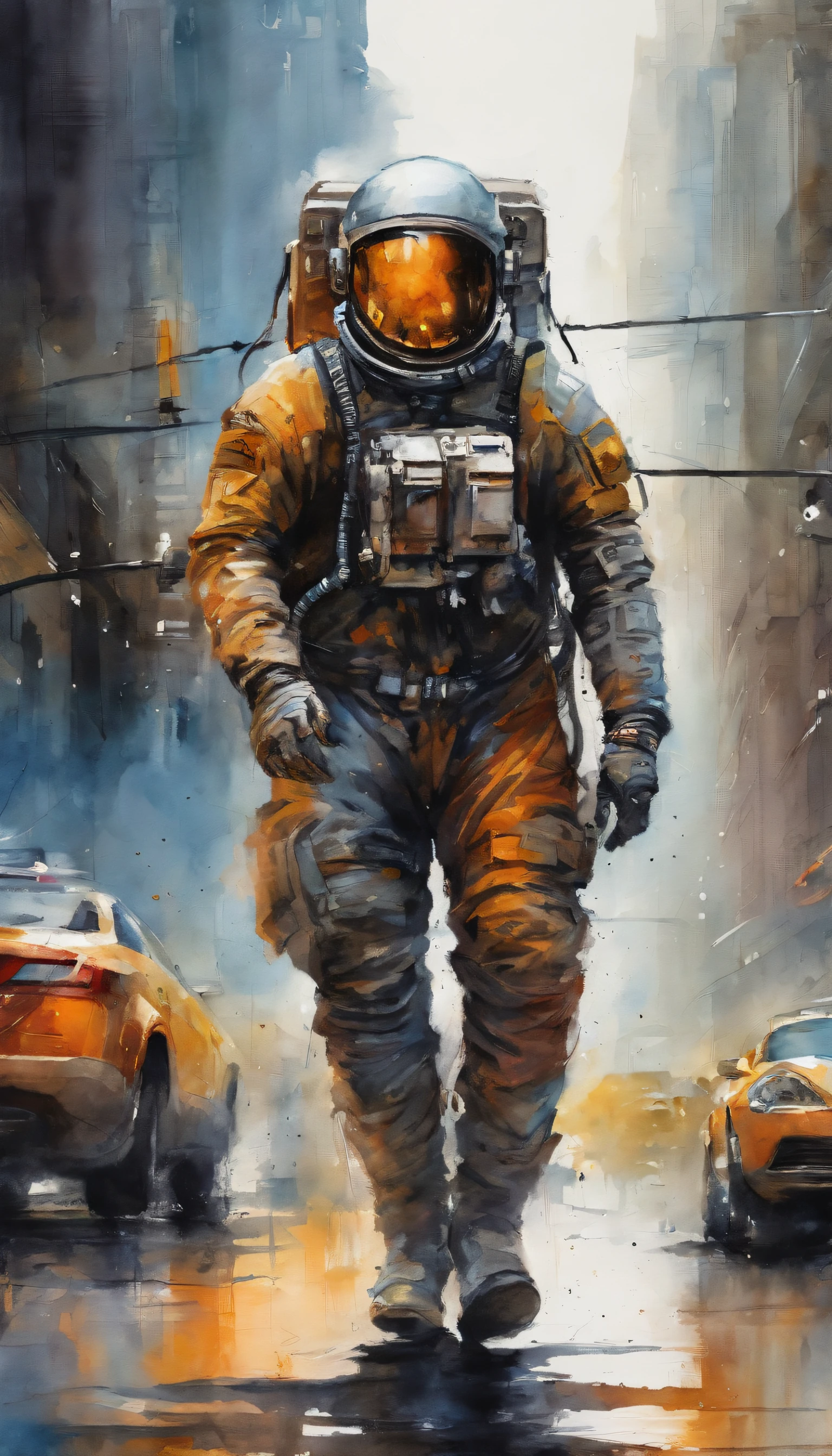 Cyberpunk style illustration of a front-facing astronaut walking through a city with cars and buildings in the background