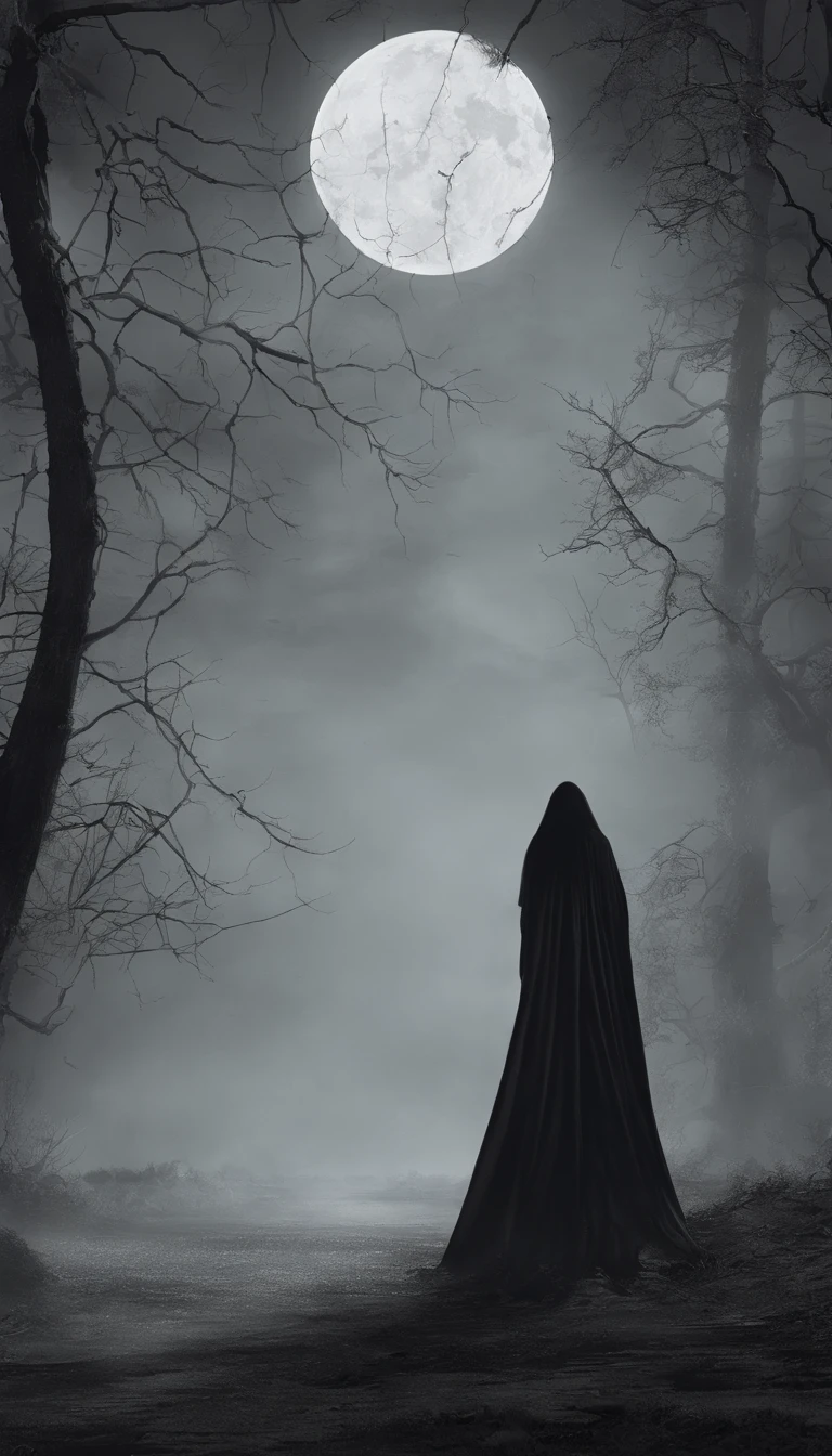 masterpiece, best quality, ultra high res, beautiful, visually stunning, elegant, incredible details,  award-winning art,  <lora:g0s1 - Ghost-000013:0.7>, g0s1, ghost,hood,torn cloak,  faceless,     nature, forest, night, fog, night sky,     1girl, solo, , no humans, floating,