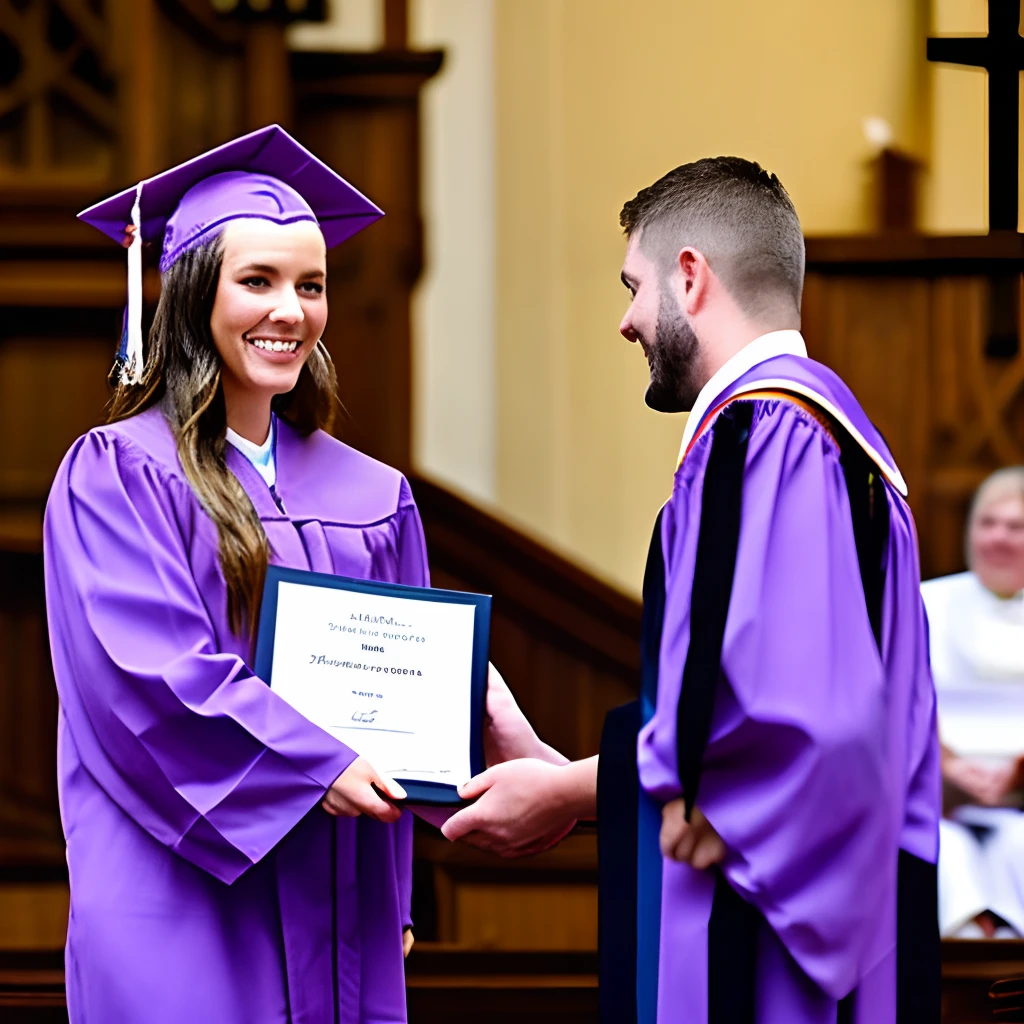 42 year old brunette 75 kilos short woman in long lilac dress receiving graduation certificate in church
