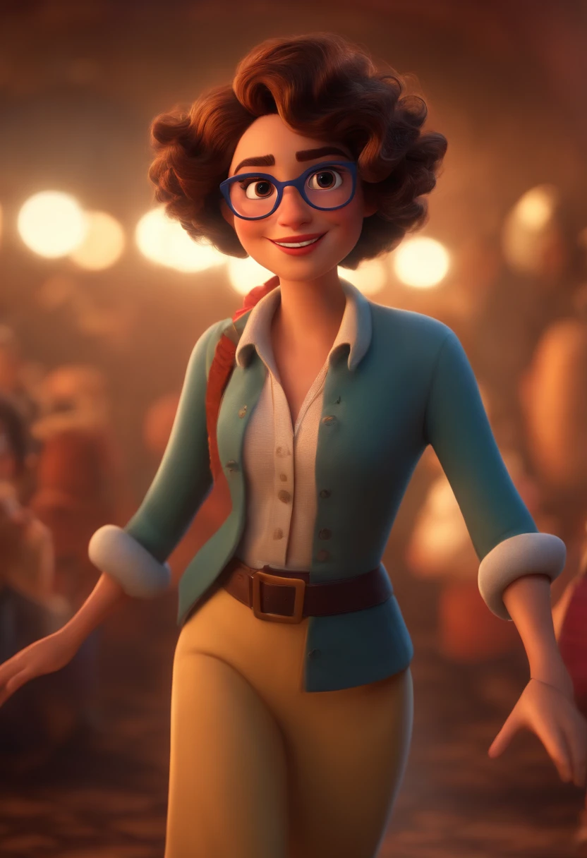 Pixar style image with 3D character white glasses brunette woman short curly hair dancing, Maquiagem Disney,Pescador, bonitinho, sorridente ,Close-up, Pixar, Disney, Cinema lighting,