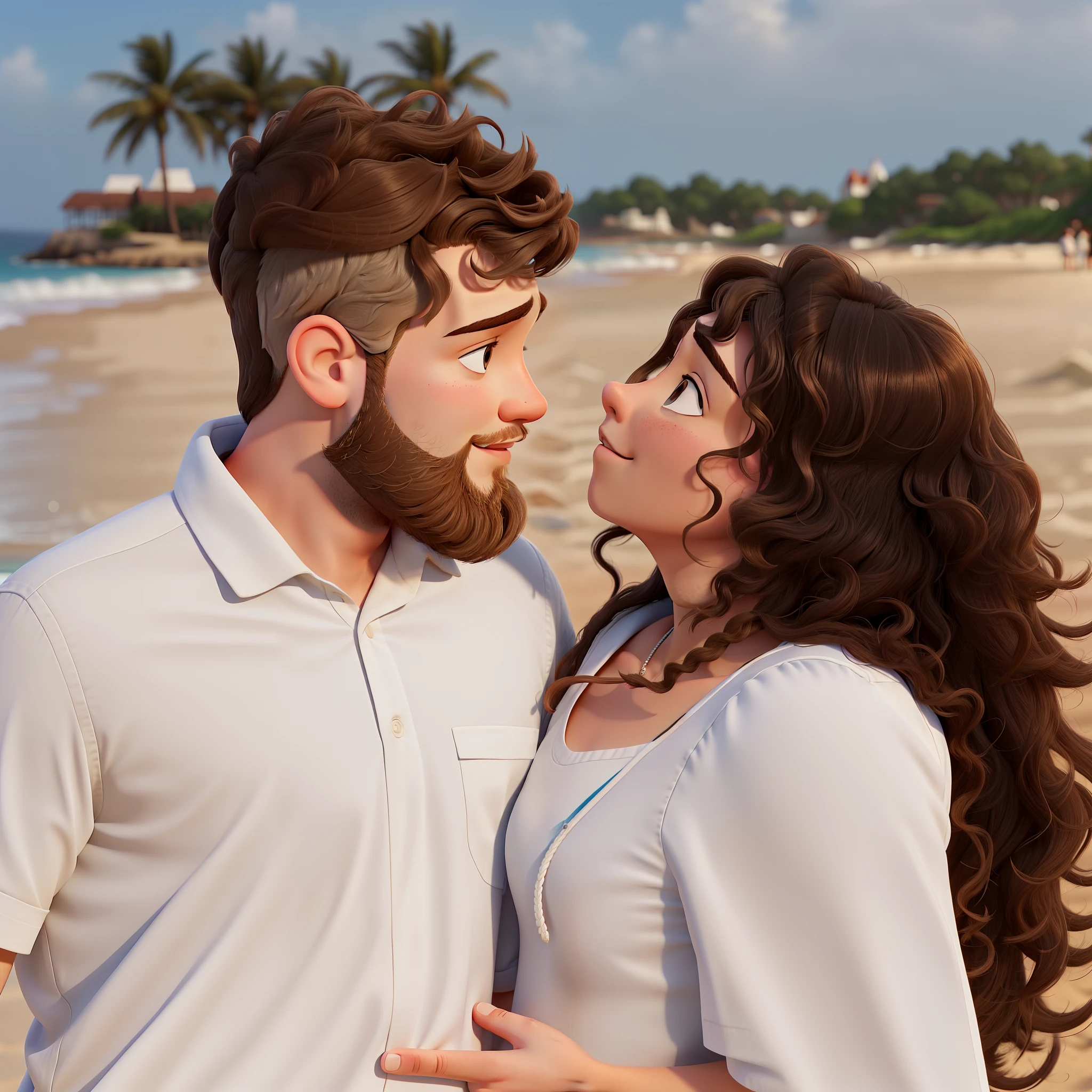 couple in love on the beach looking at each other. he is white with a beard and light brown hair and makes a slight smile with his mouth and she has light curly hair and looks at him in love