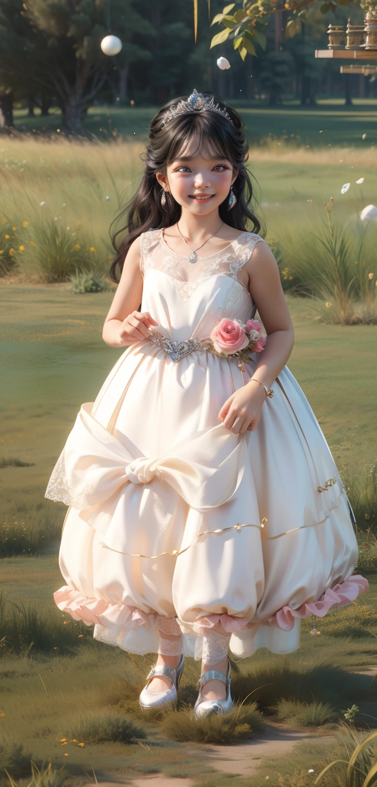 masterpiece, best quality, 3d rendering work, 3DMM style, close-up, portrait, 3D, Asian ***********, princess with silver tiara, beautiful skin, brown eyes, medium wavy black hair, sweet smile, 80 kg overweight, gradient background. Colors Candy color, cute