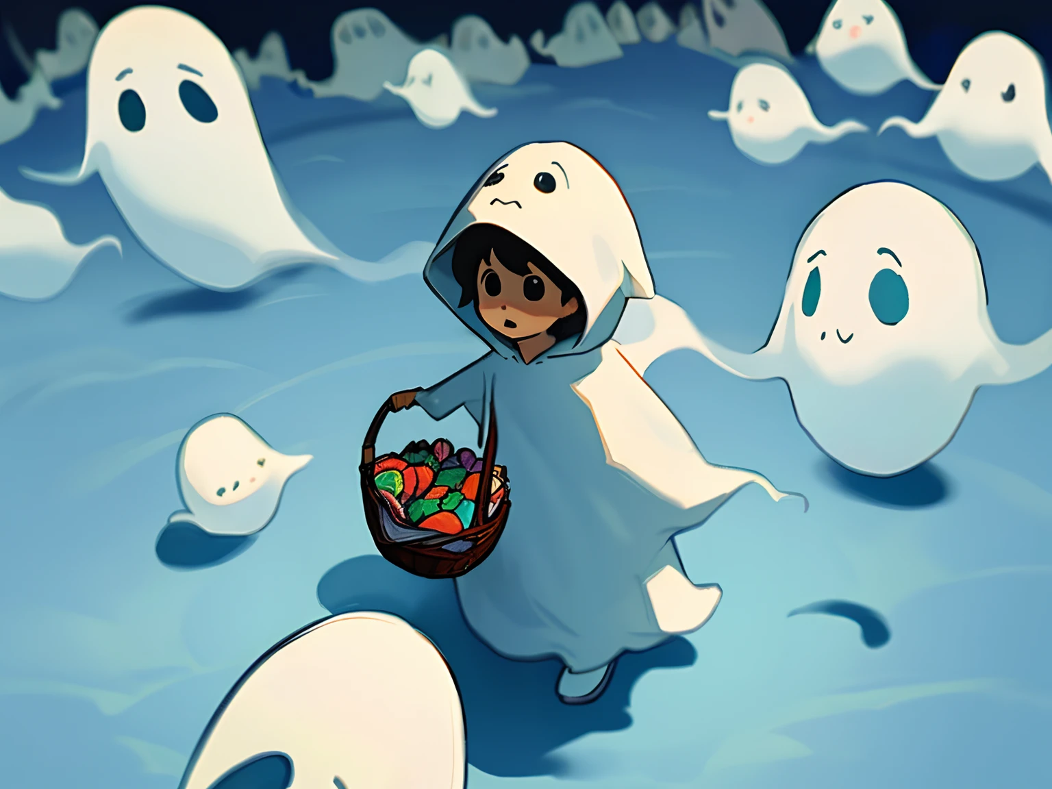 2d cartoon in a ghost costume holding a candy basket