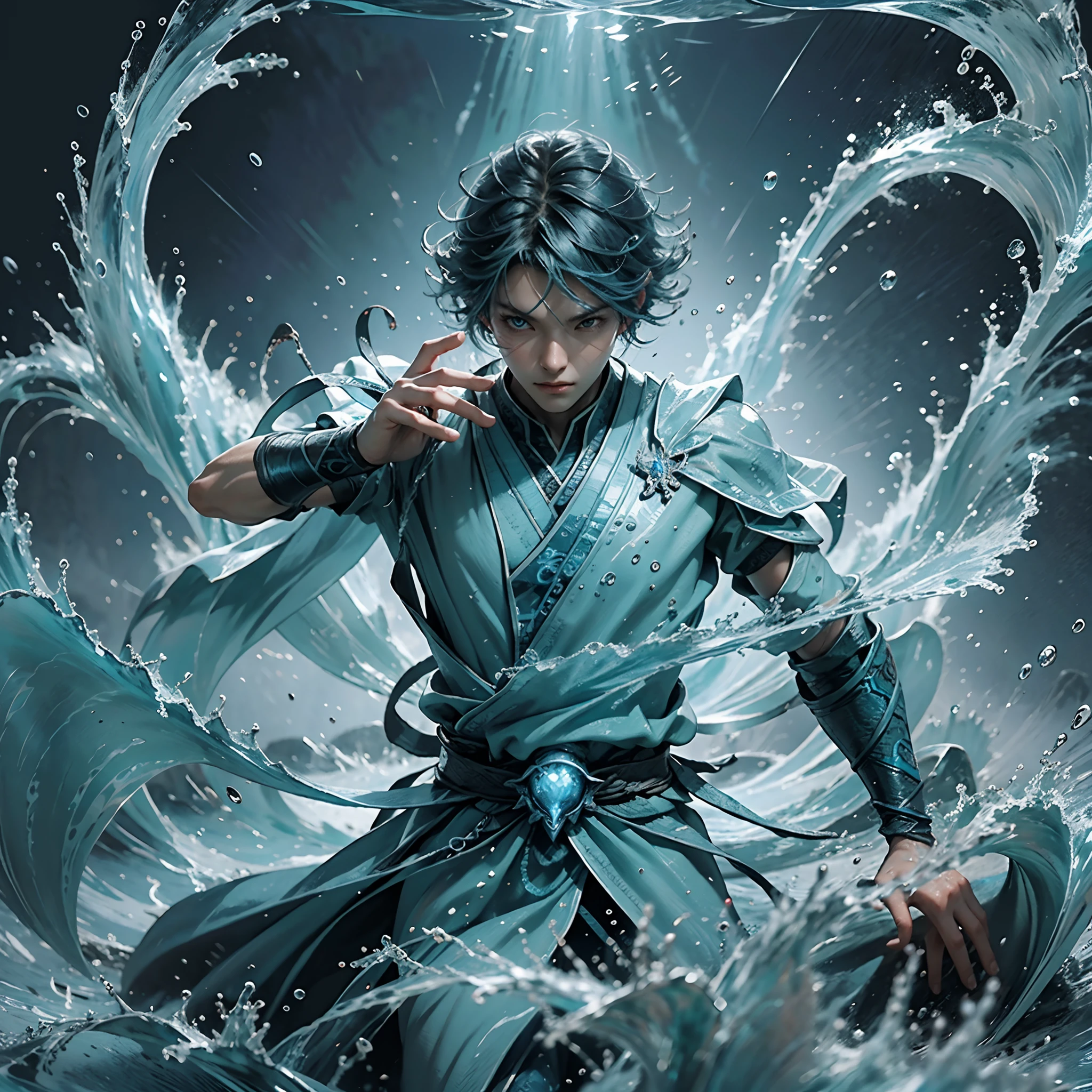 Generate a hyper-realistic 32k resolution AI artwork of an anime teen boy who possesses the extraordinary power to control and manipulate water. The boy should be shown in a dynamic and awe-inspiring pose, surrounded by a grand display of his water manipulation abilities. His attire should reflect an intricate and unique design, influenced by aquatic themes. The background should be a mesmerizing underwater world, with vibrant, bioluminescent marine life and intricate details in the aquatic environment. The lighting should emphasize the translucency and fluidity of the water and highlight the boy's powers. Please ensure the artwork is rich in detail and realism, with an emphasis on the boy's control over water, evoking a sense of wonder and power.