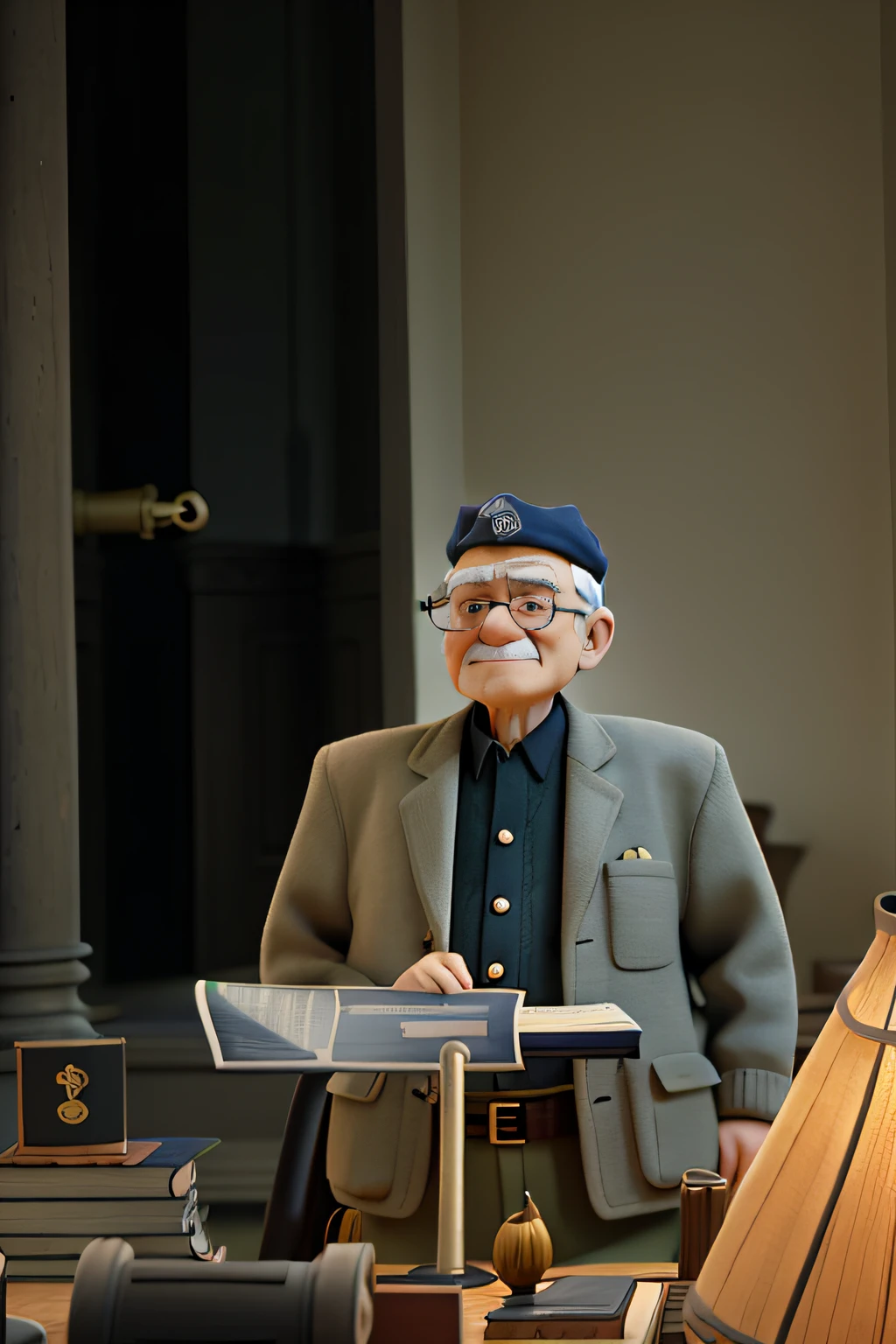 A wise old man standing in front, illuminated by the light of a lamp, against the backdrop of a library