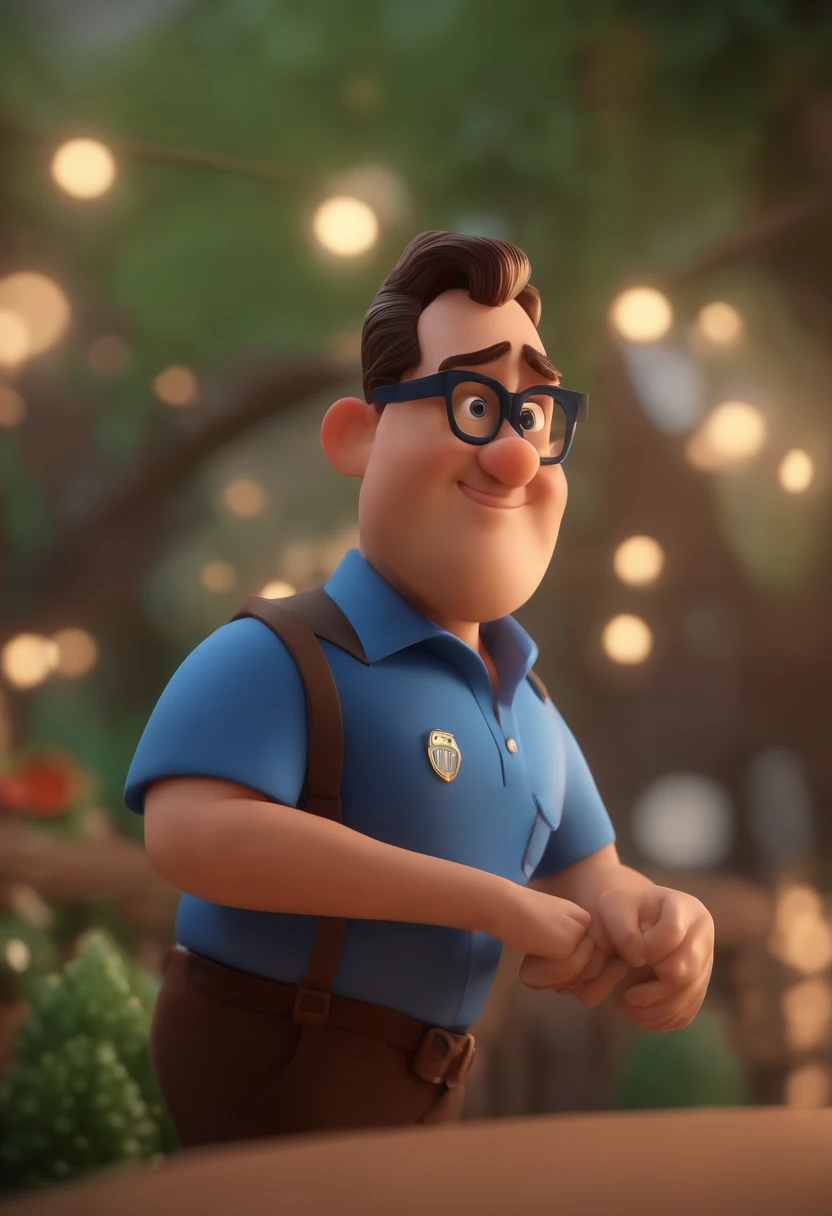 Cartoon character of a man wearing black glasses and a blue shirt, um personagem animado, Caractere estilizado, animation style rendering, 3D estilizado, Arnold Maya render, 3 d render stylized, toon render keyshot, Personagem 3D, Personagem 3D, 3d rendering stylized, 3 d character render, personagem de desenho animado, Personagem de close up, Pose de personagem, (Estilo Pixar) (master part:1.2) (Bokeh) (best quality) (pele detalhada) (textura detalhada) (8k) (argila) (Cinematic lighting) (foco nítido,Senta e vaza a parte superior do corpo