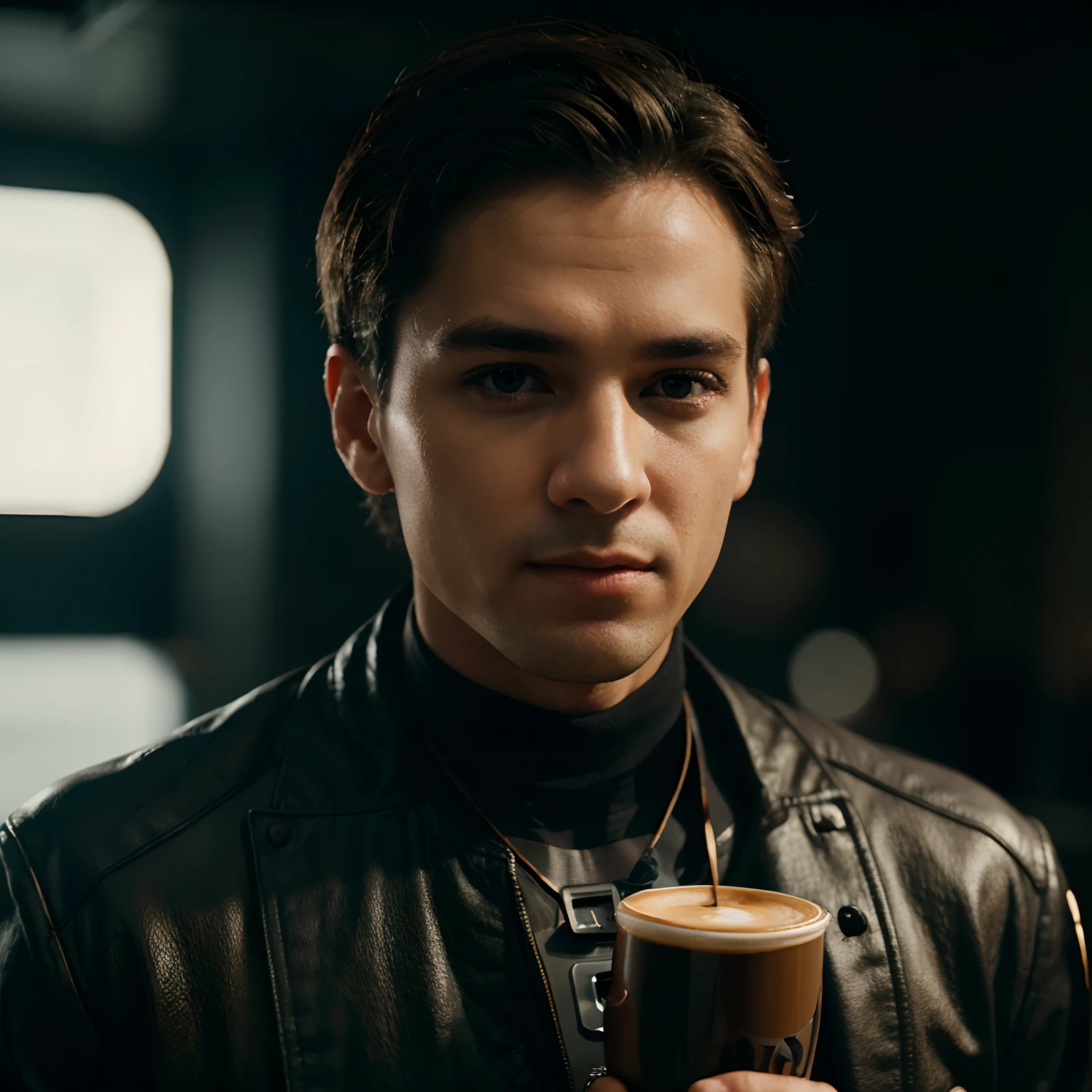 Boy with coffee futuristic background realistic face cine matic light 8k ultra high quality hd