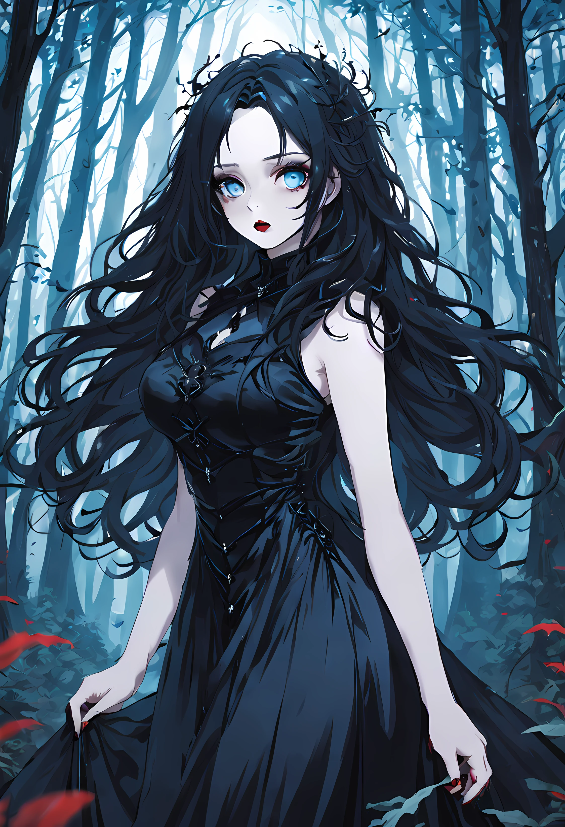 1 young woman, long black wavy hair, icy blue eyes, dark gothic makeup with red lipstick, curvy tall body, black gothic long dress, in a forest, high res, ultrasharp, 8k, masterpiece, anime style, looking at the viewer.