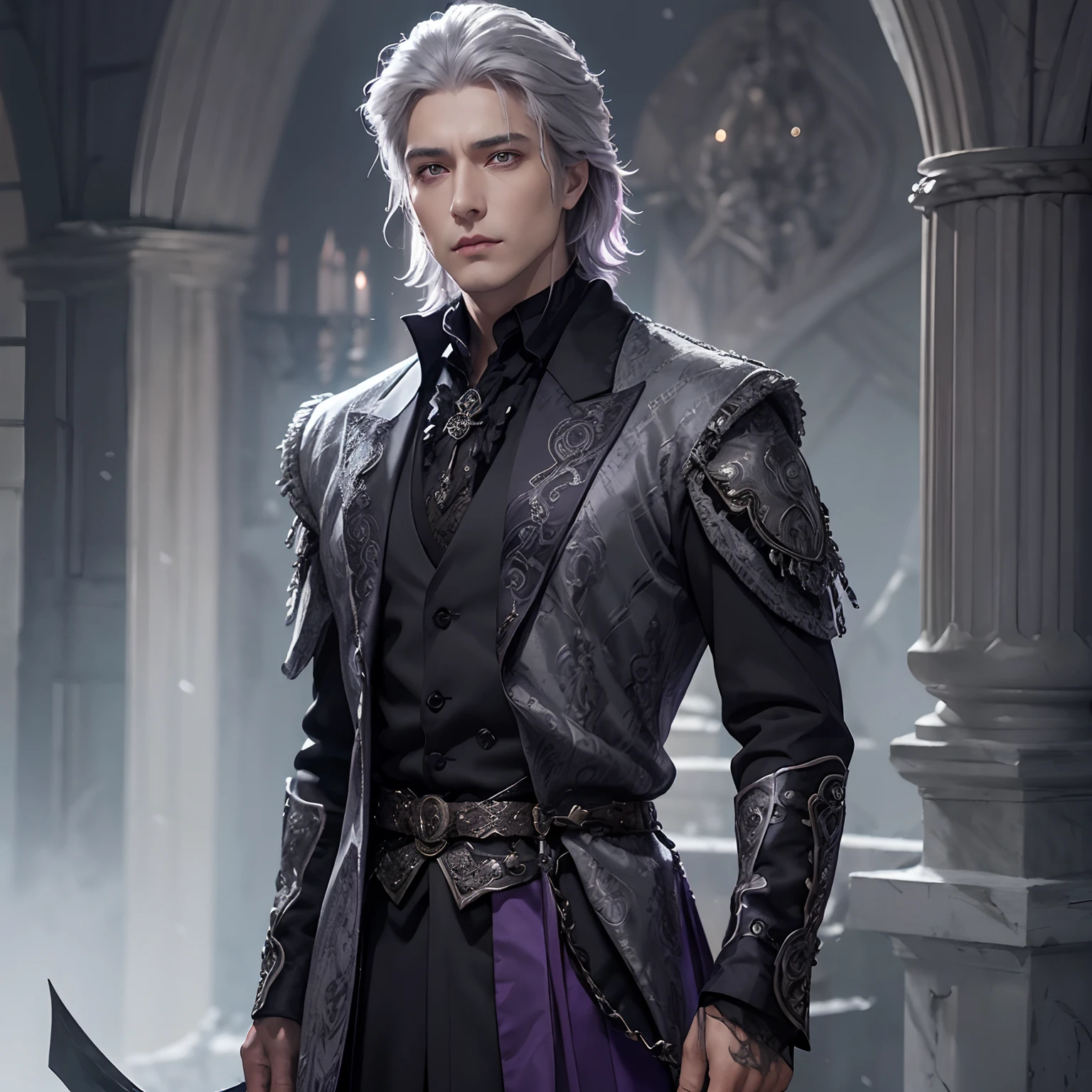 Man, regal, wearing purple and black medieval fantasy clothing, grey hair, grey piercing eyes, duke of the north, cold eyes, short messy hair, combed back hair, kpop face, beautiful handsome man, glaring eyes, formal attire, expensive suits, sharper chin, icy castle