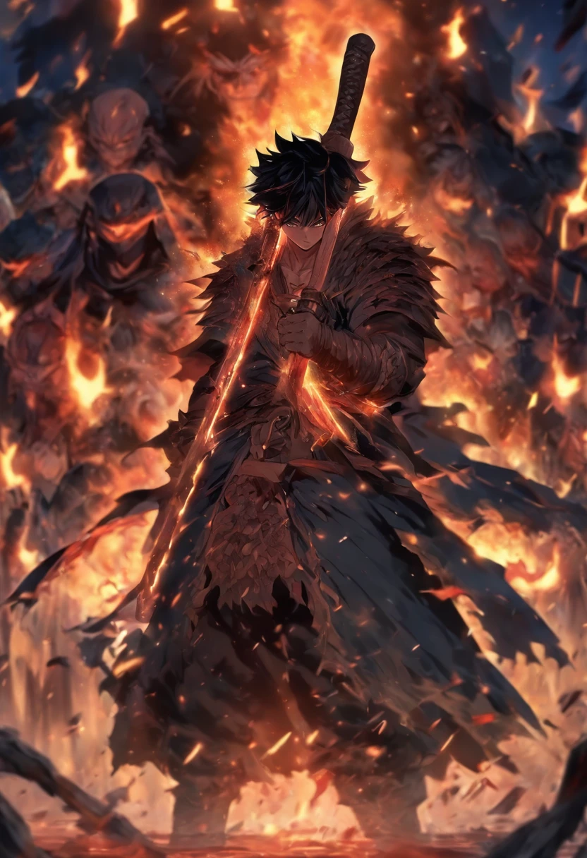 There's a dark isekai warrior protagonist cutting off his own head with an axe, Teary, triste, dramatic, roupas pretas, olho bionico,