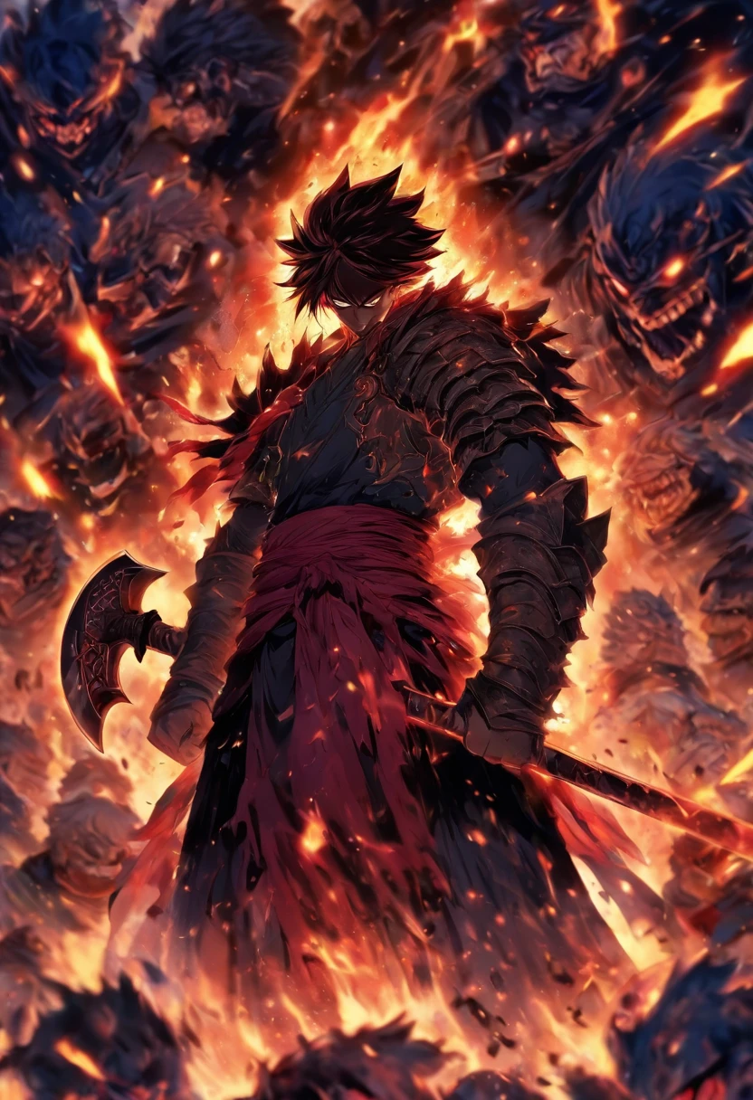 There's a dark isekai warrior protagonist cutting off his own head with an axe, Teary, triste, dramatic, roupas pretas, olho bionico,