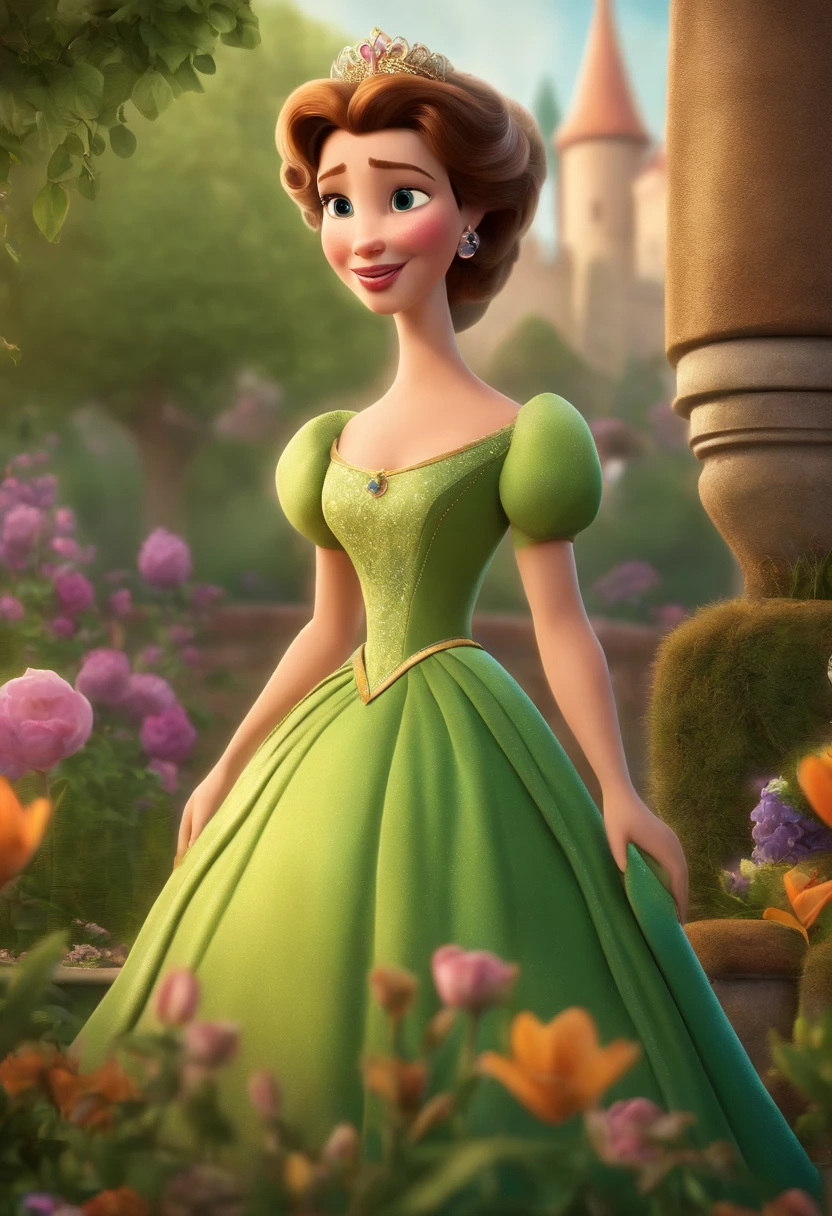 Create a Pixar-style movie poster, The character is a 47-year-old woman dressed as a Disney princess, She has a striking presence and her light brown skin makes a perfect contrast with her short hair and piercing green eyes. The story unfolds in the vibrant Disney setting, where Ana is playing in the garden and the castle in the background, And as a title PRINCESS ANNE JULIA"