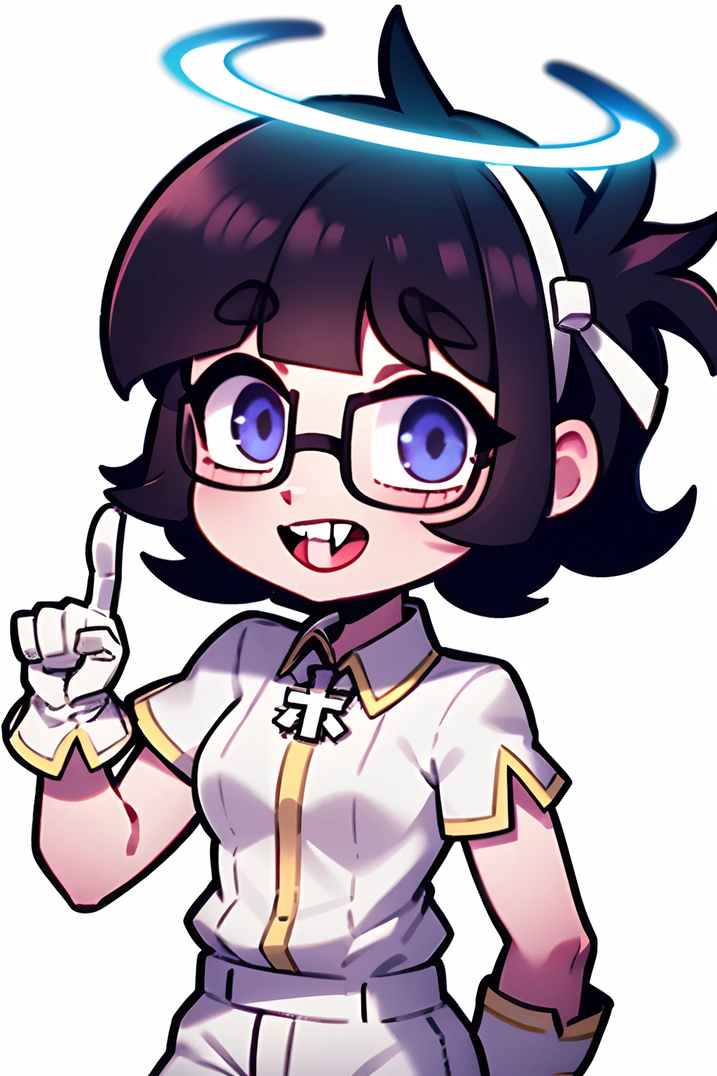 htazazel, hair ribbon, halo, collared shirt, short sleeves, white gloves, white pants, cross chibi, glasses, index finger raised, upper teeth, white background,