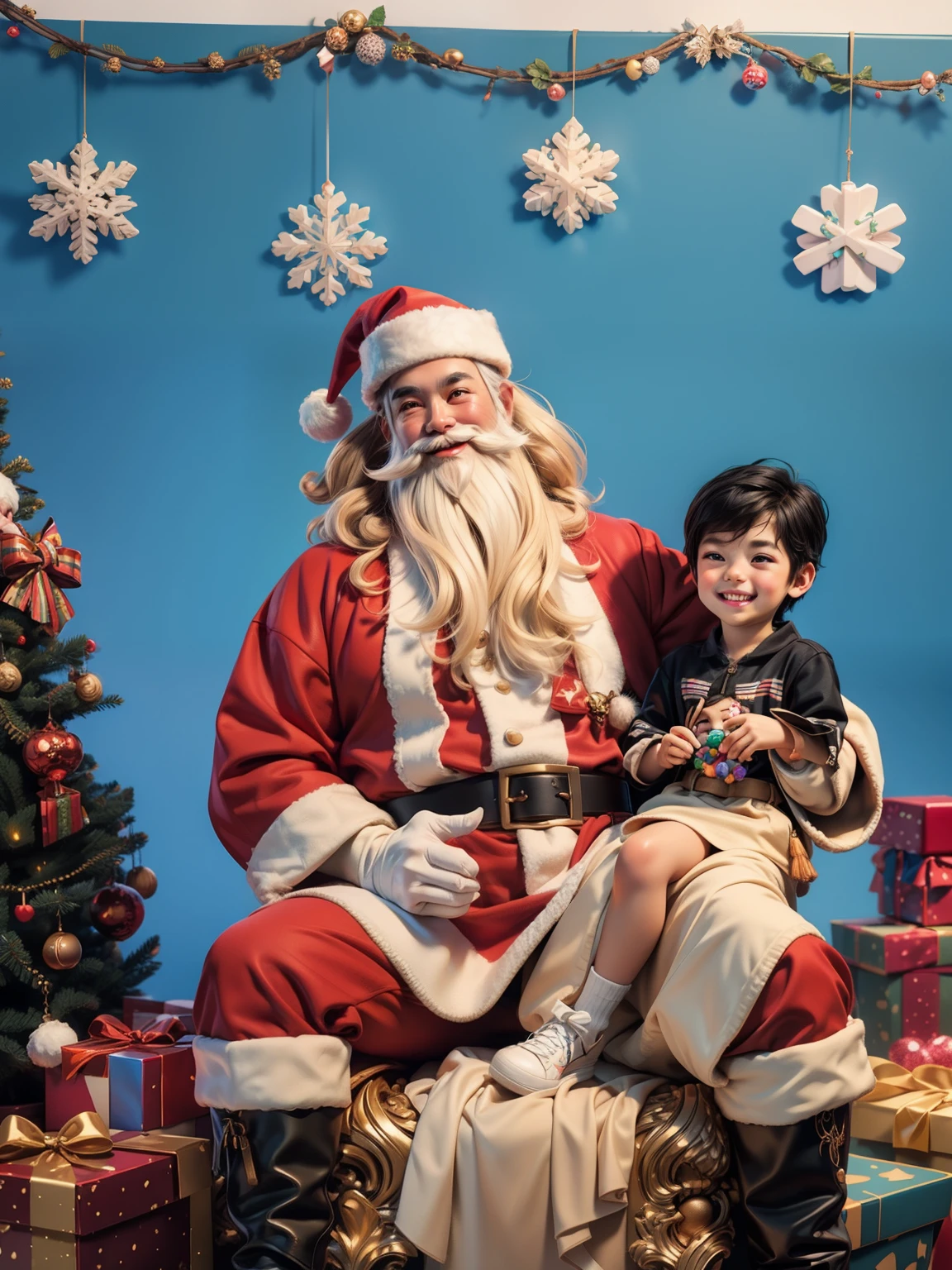 masterpiece, best quality, 3d rendering work, 3DMM style, close-up, portrait, 3D, Santa Clause with little asian boy, beautiful skin, brown eyes, medium wavy black hair, sweet smile, toys in background, 80 kg overweight, gradient background. Colors Candy color, cute