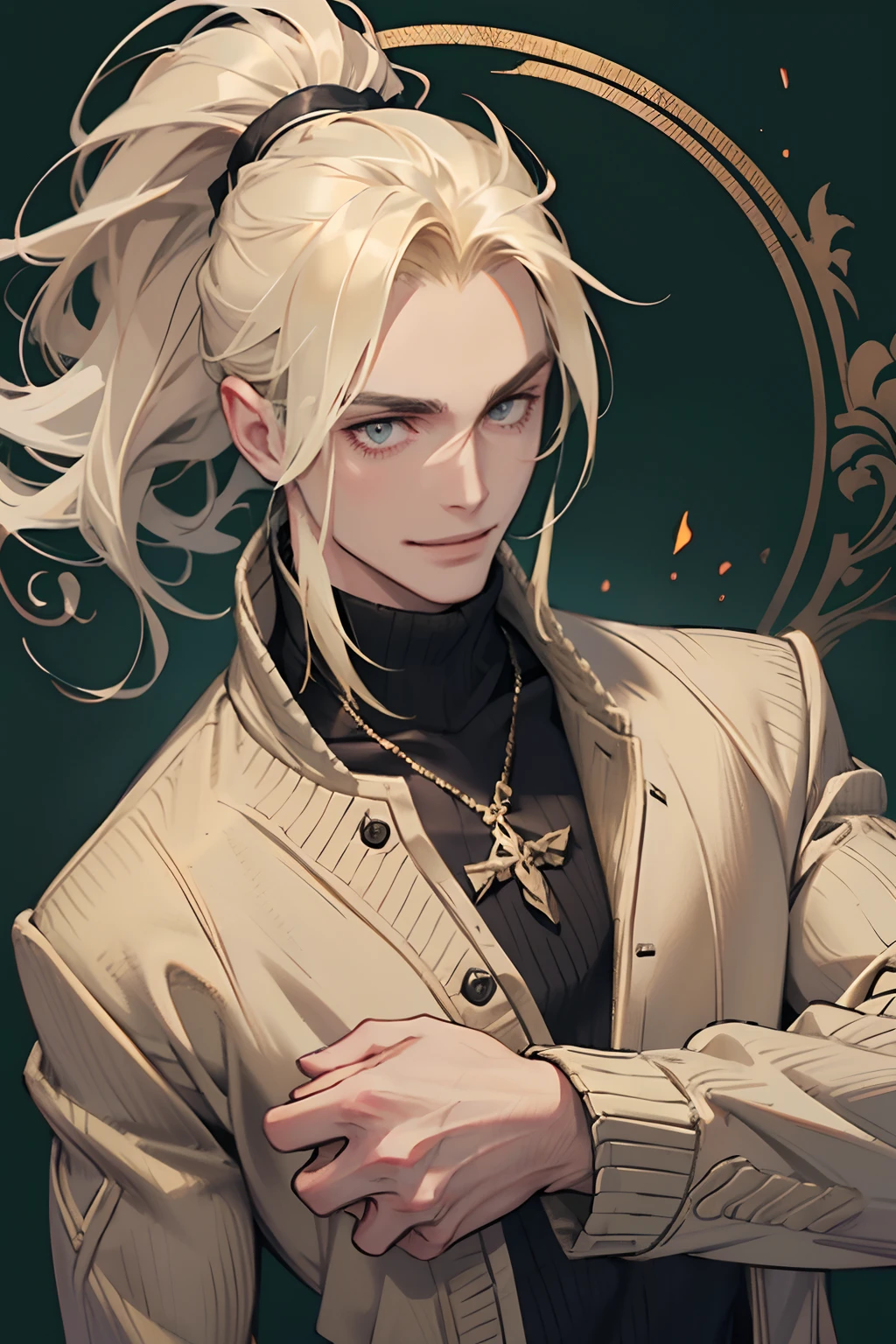 ember, Guy, slim physique, ah high, A young, longue blonde hair, hair in a ponytail, gray eyes, higly detailed, Gloomy, Russian, Senior, wrinkles, Without bristles, ssmile, Green Sweater Without Collar, no jacket, A big smile
