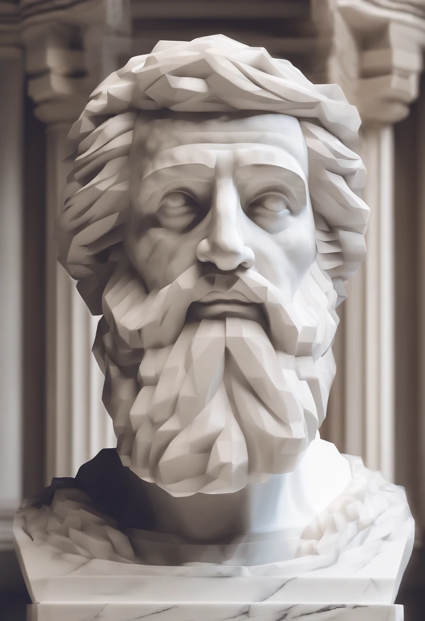 White marble statue of bust of wise man with the style of the bearded Greek philosopher in the museum. Atmosfera escura, alto contraste de luz e sombra, fotografia profissional, utrarealista, Light Volumetric, cinemactic