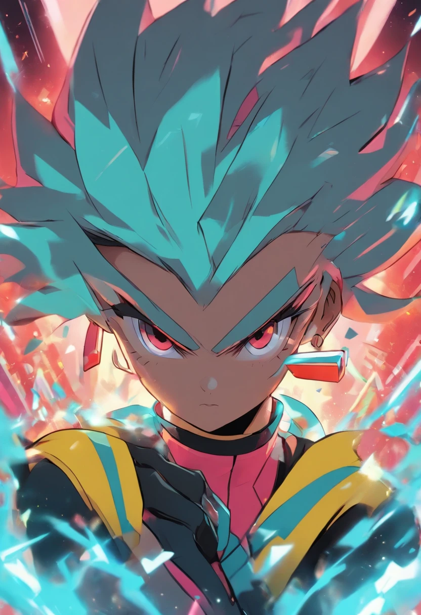 girl, bionic body parts, ((looking forward, smug expression, confident posture)), (cool futuristic jacket, gray, white stripes, yellow stripes, cyan stripes), (short black shorts, big red X on the side), (short bright cyan hair, spiky center bangs in a wave shape, side chicken crest), (big mech bionic gauntlets, hands and forearms), breakcore aesthetic, (vibrant colors, geometric shapes, visual noise), (90s anime style, simple lines, big expressive eyes, exaggerated proportions), (Pokemon anime inspired character design, cute, fun, creative elements), (Midjourney Niji inspired visual composition, balance between chaos and harmony, contrast and unity, movement and stability)