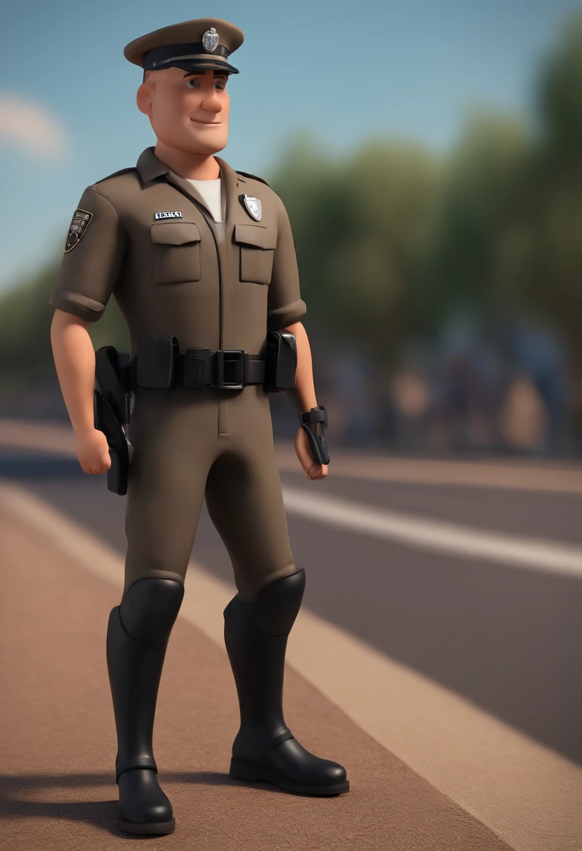 Cartoon character of a military police man short hair gray black color and a brown shirt and pants with black color policeman sintura front position with sky blue background, animation character, Caractere estilizado, animation style rendering, 3D estilizado, Arnold Maya render, 3 d render stylized, toon render keyshot, Personagem 3D, Personagem 3D, 3d rendering stylized, 3 d character render, personagem de desenho animado, Personagem de close up, Pose de personagem, (Estilo Pixar) (master part:1.2) (Bokeh) (best quality) (pele detalhada) (textura detalhada) (8k) (argila) (Cinematic lighting) (foco nítido